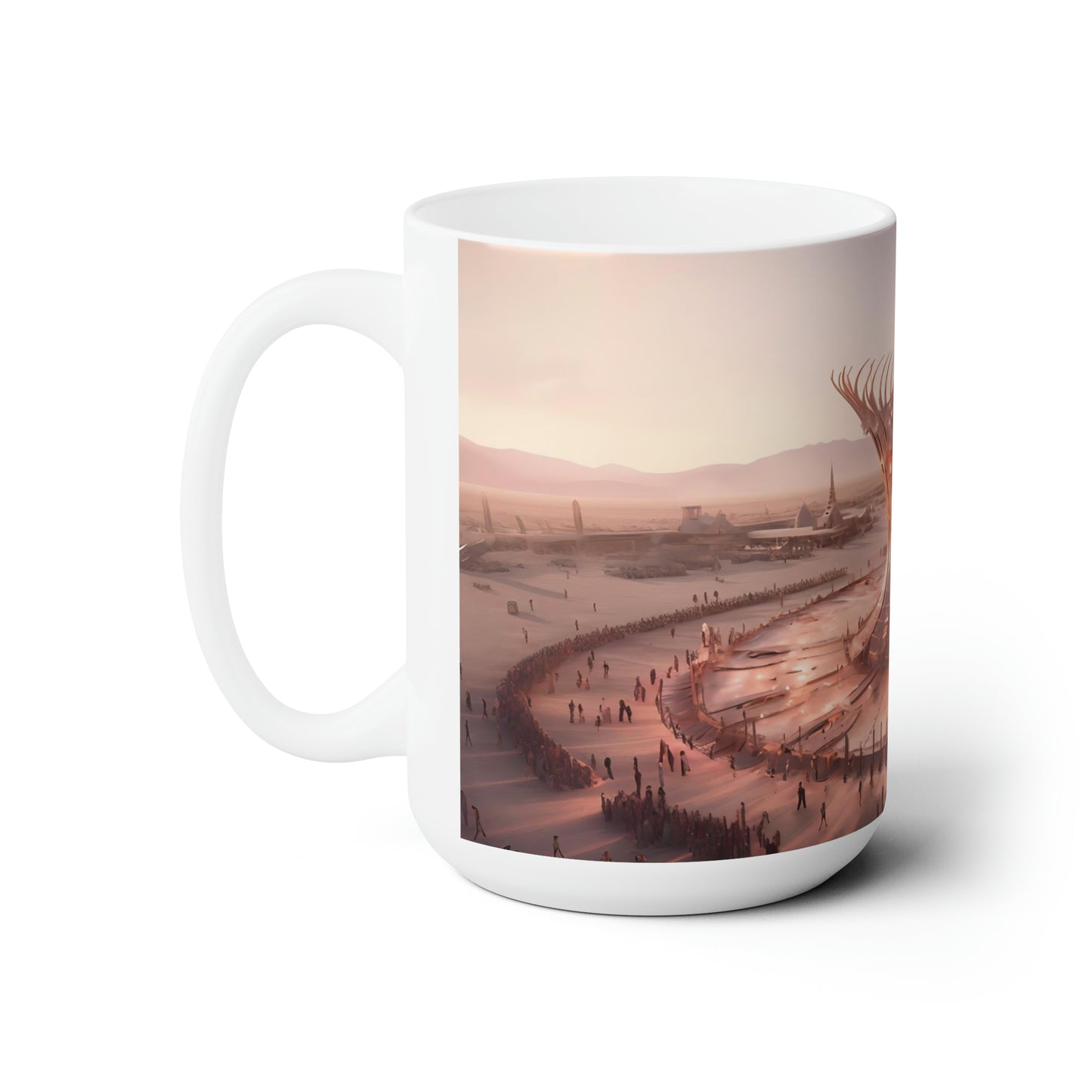 A colossal sundial materializing in the heart of the Burning Man festival, its intricate architecture inspiring awe and wonder.  -  Ceramic Mug 15oz