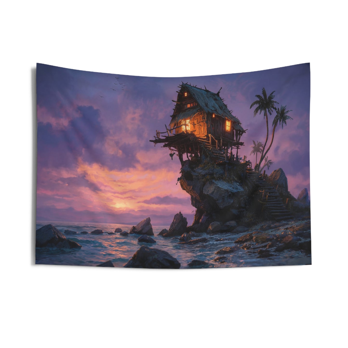 Seabound Cottage Wall Tapestry – Twilight Haven on the Edge of the World