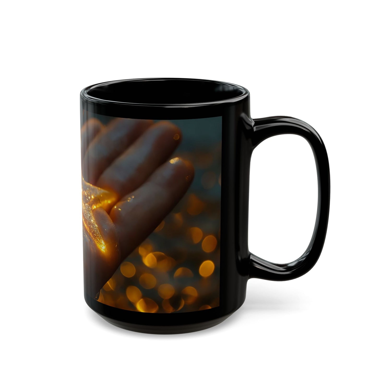 Glowing Star in Hand Black Mug – Warmth of a Held Wish