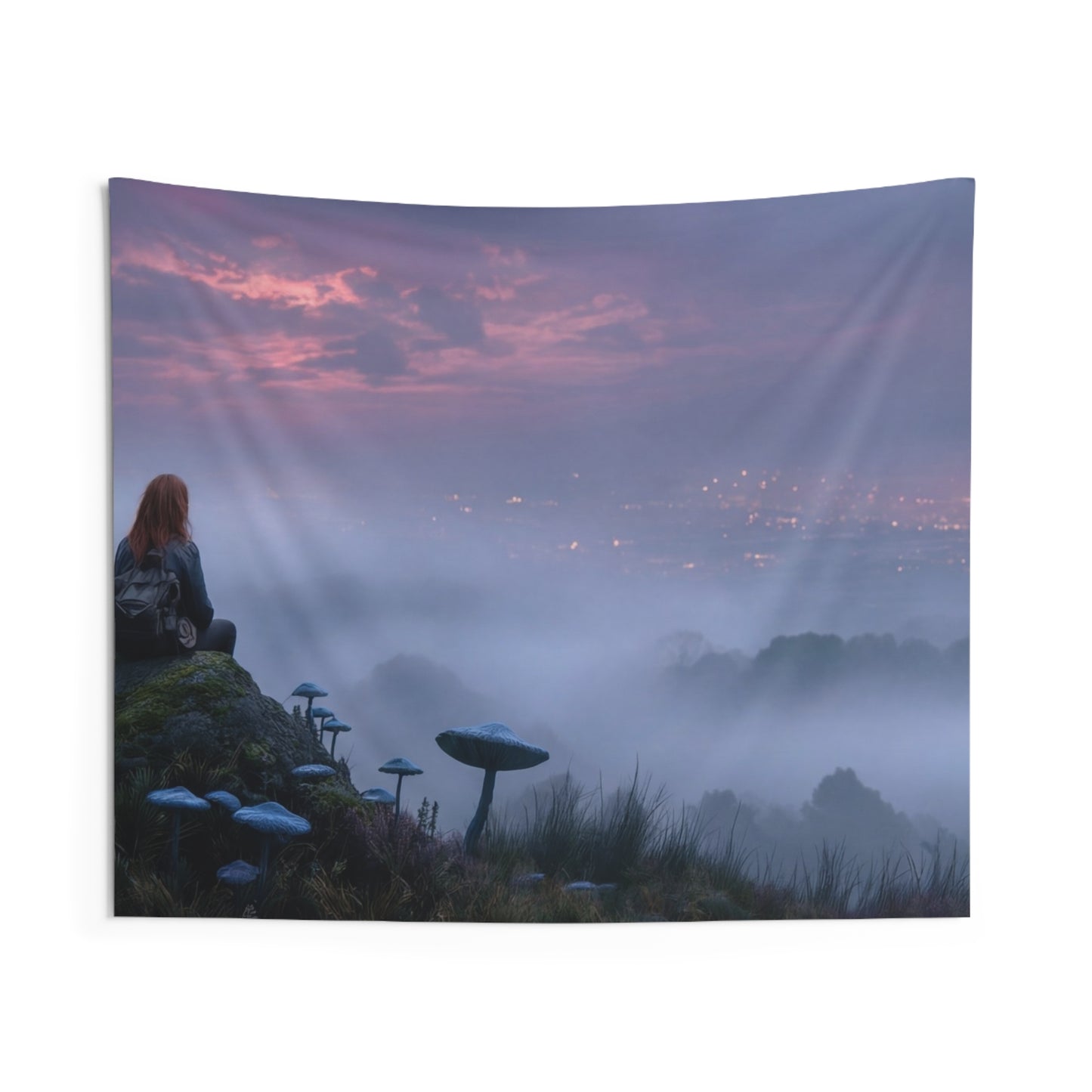 Moonlit Wanderer Wall Tapestry – Twilight Meadow with Bioluminescent Fungi