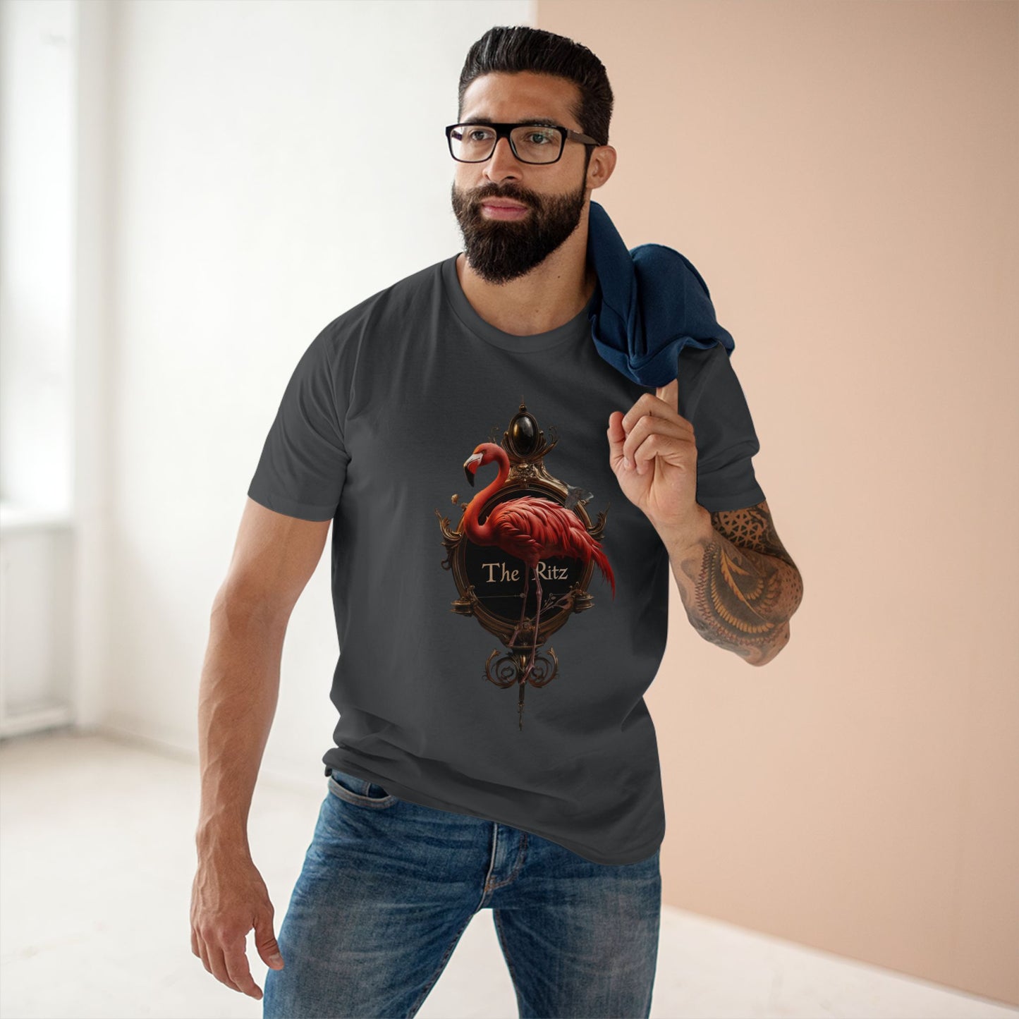 Crimson Flamingo The Ritz Tee – Ornate Gold Crest & Elegant Bird Art