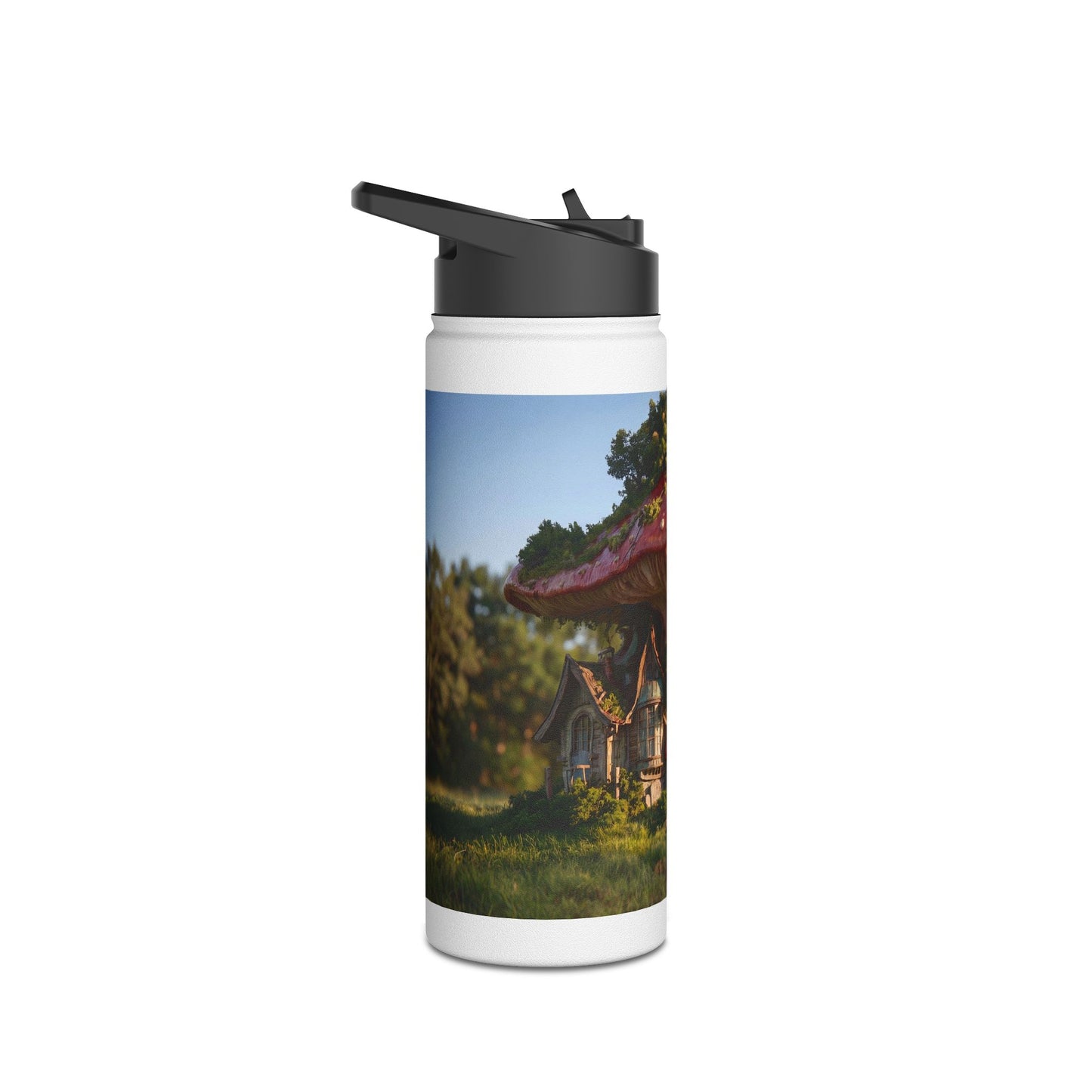 Mushroom Cottage Water Bottle – Red Cap Sanctuary in the Meadow