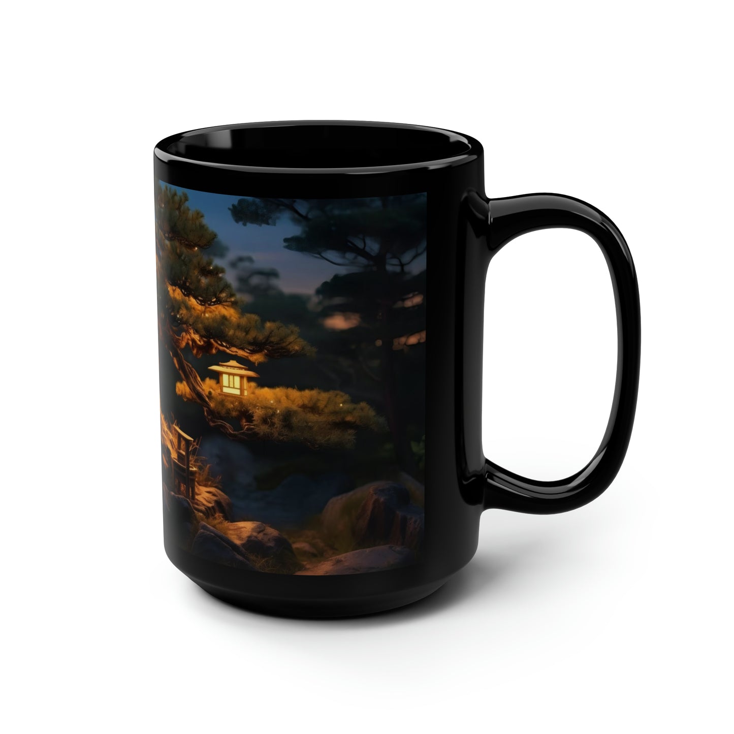 "An ancient bonsai pine tree adorned with paper lanterns, captured in the dim light of dusk, ultra-realistic, nature photography, Canon EOS R5." - Mug, Black