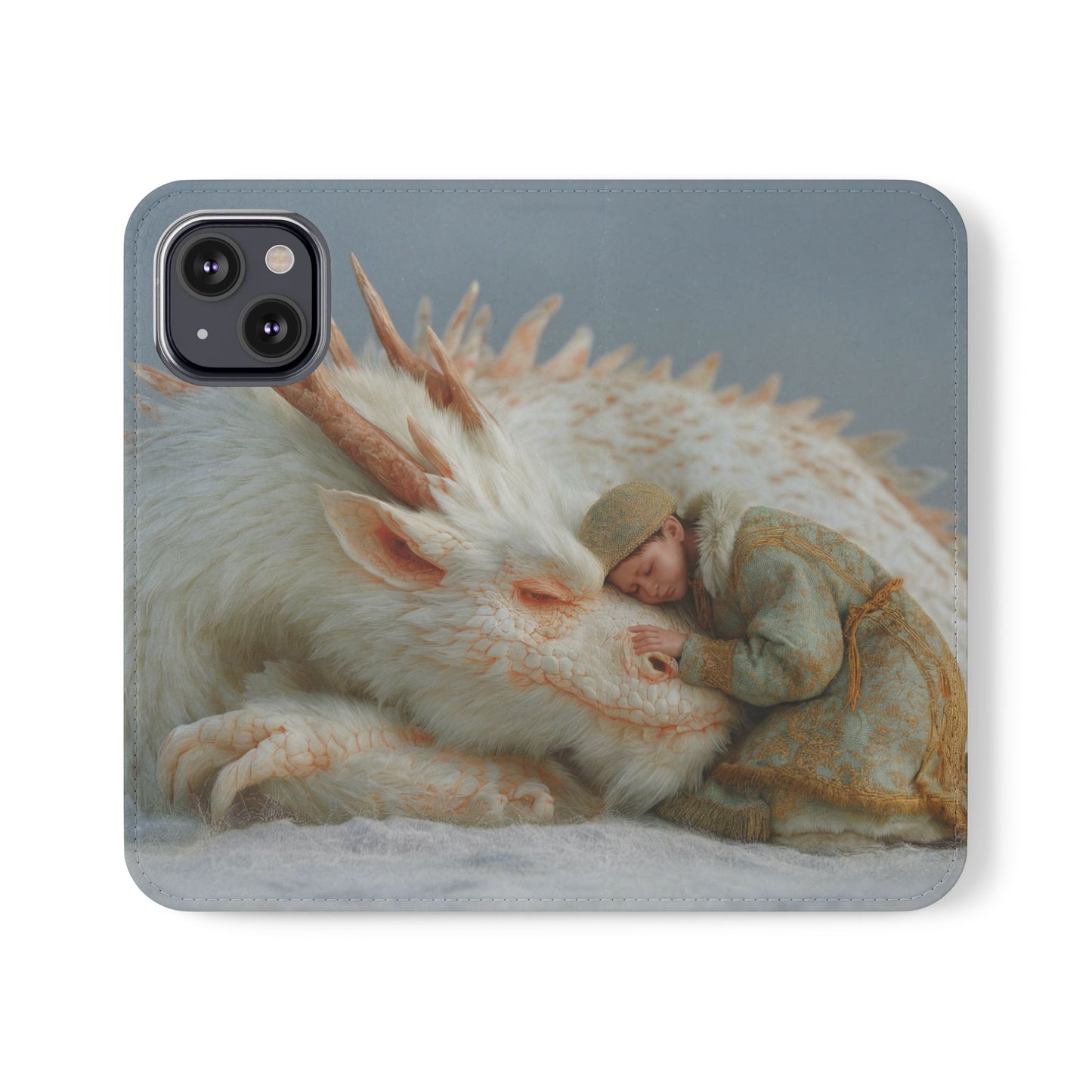 Sleeping Child and Dragon Flip Cases – Snowy Guardian Embrace