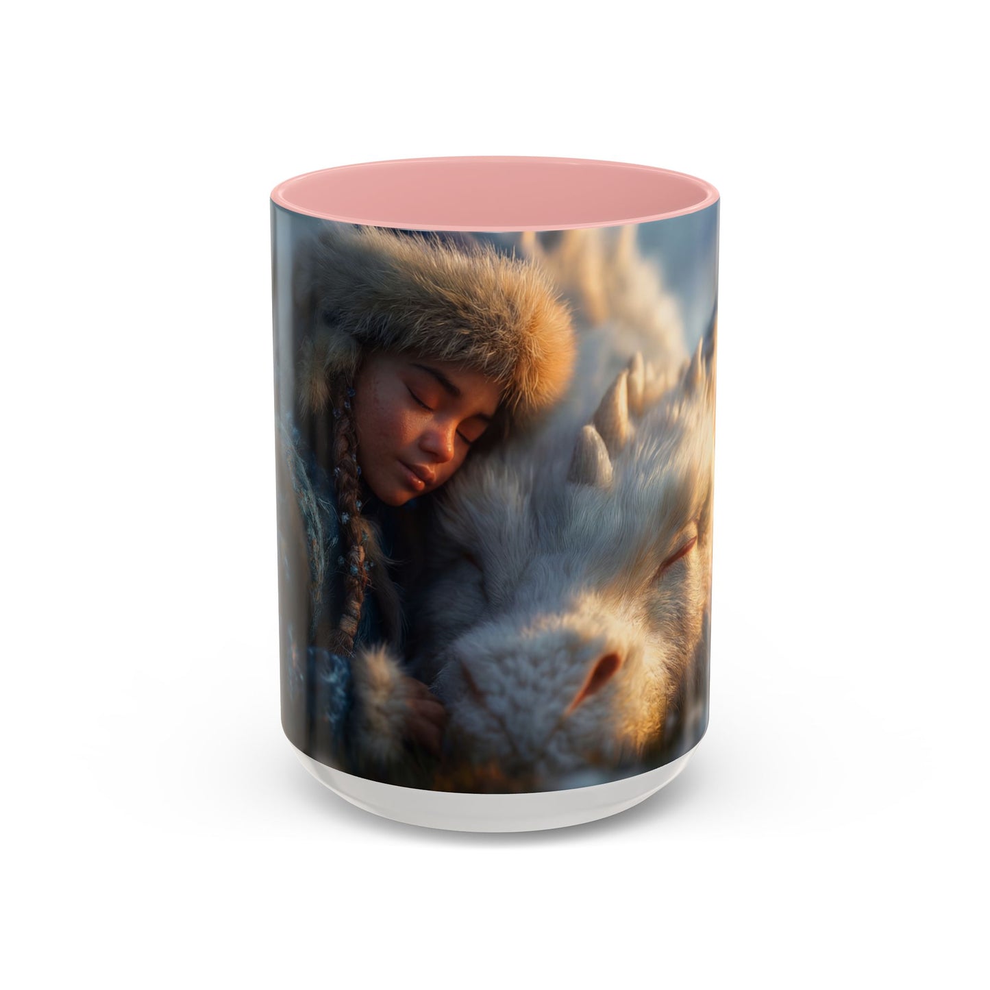 Winter Guardian Accent Coffee Mug (11, 15oz) – Fur-Hooded Child Sleeping Beside White Dragon Sentinel