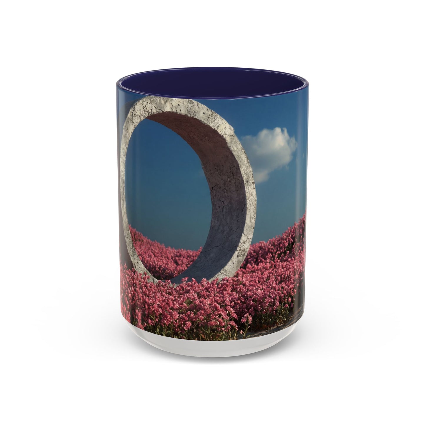 Stone Ring Garden Bloom Accent Coffee Mug – Cracked Concrete Portal in Pink Wildflowers