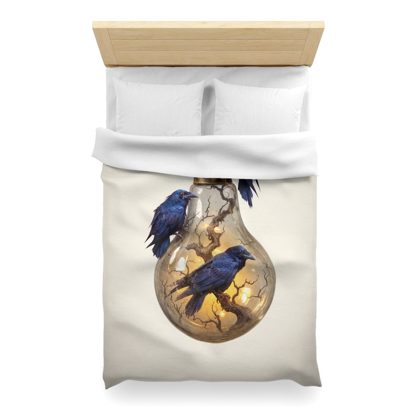 Ravens in the Lightbulb Microfiber Duvet Cover – Whispers of Illuminated Wisdom
