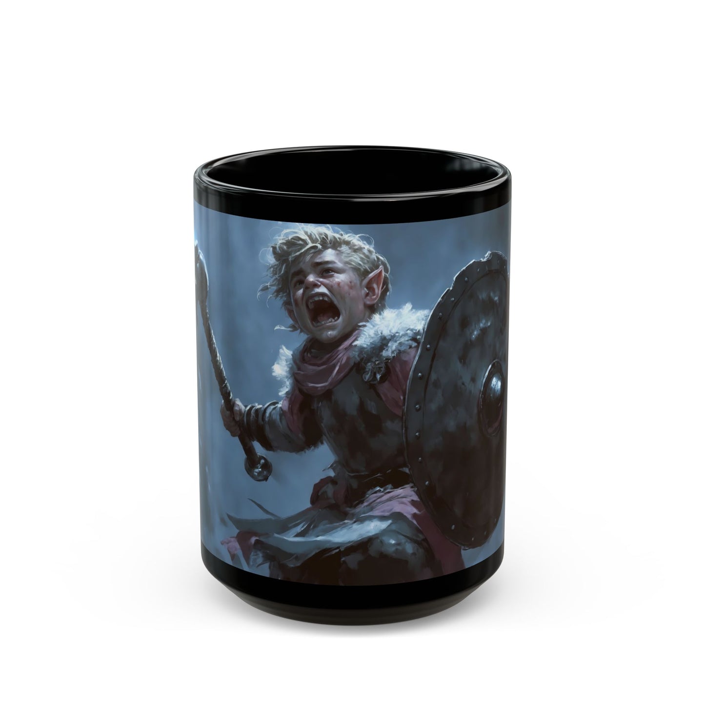 Tiny Warrior with Lightning Axe Black Mug – Cry of the Frostbound Champion