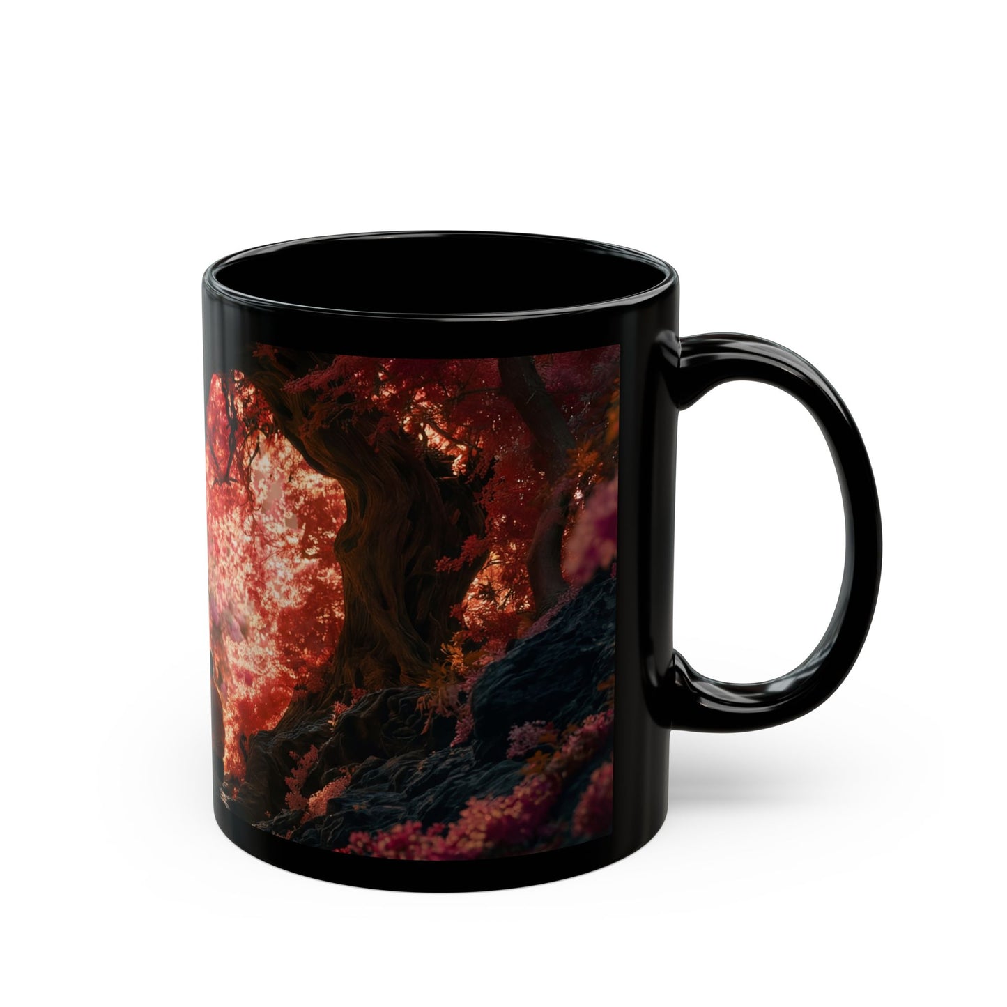 Crimson Canopy Couple Mug – Sunset Embrace in Fantasy Forest