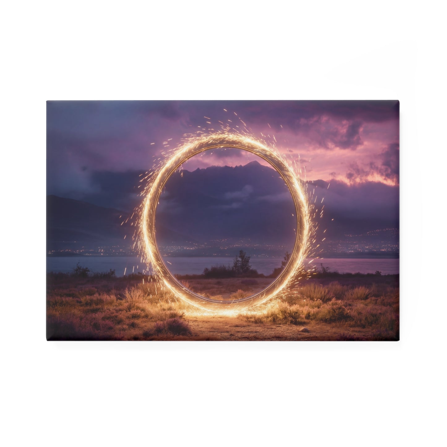 Sparkling Portal Button Magnet, Rectangle (1 & 10 pcs) – Golden Ring Over Twilight Lake