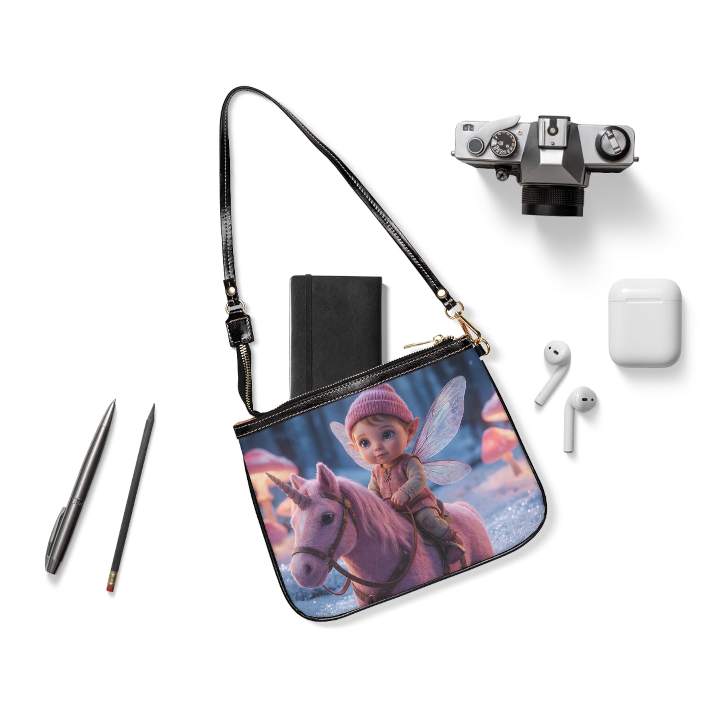 Fairy Riding Unicorn Small Shoulder Bag – Snowy Mushroom Grove Dreamscape