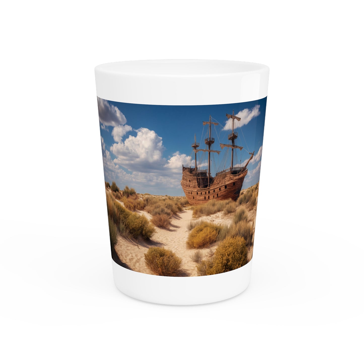 Desert Wreckage Shot Glass – Weathered Galleon on the Dunes