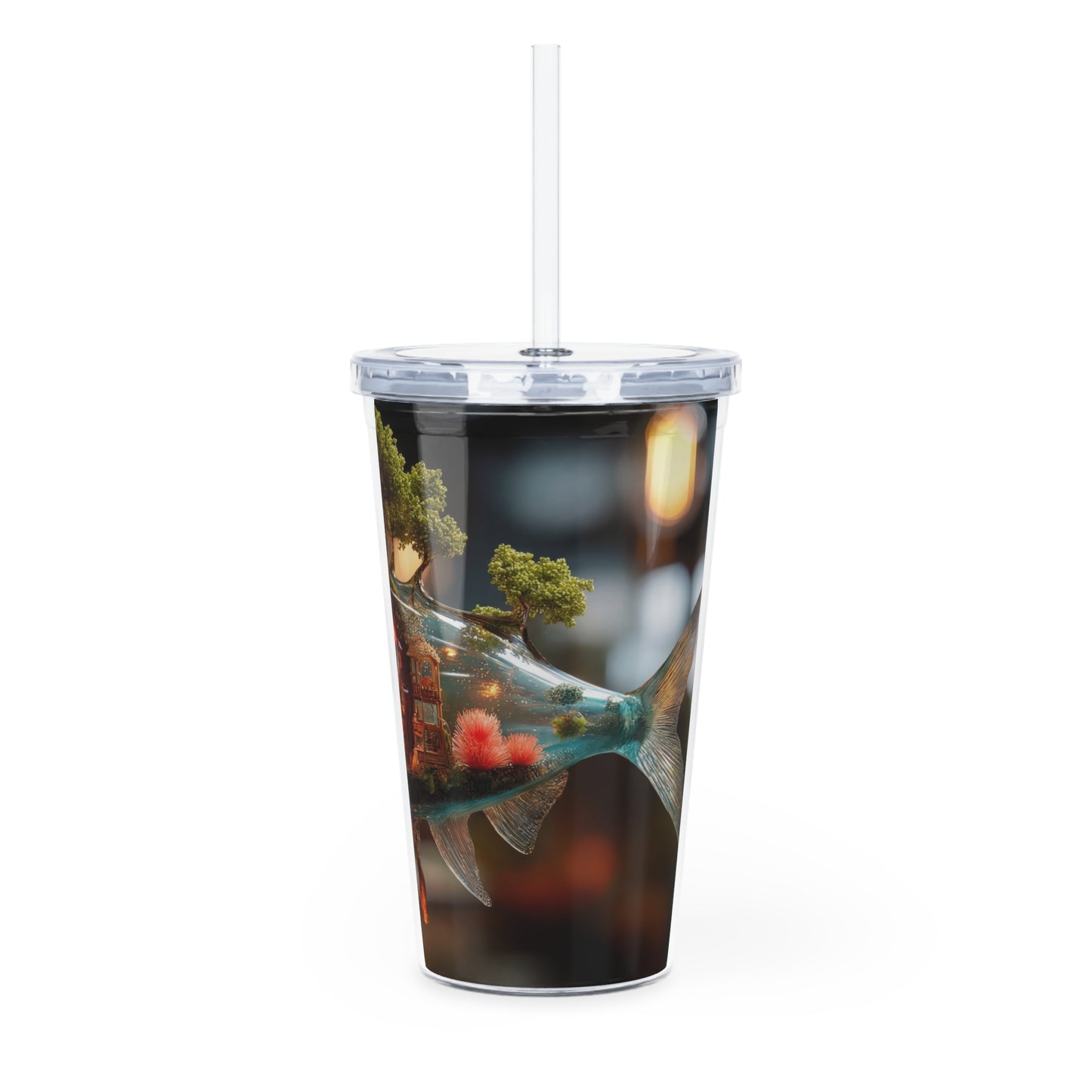 Forest Within Fish Plastic Tumbler with Straw – Bioluminescent Oasis in Motion