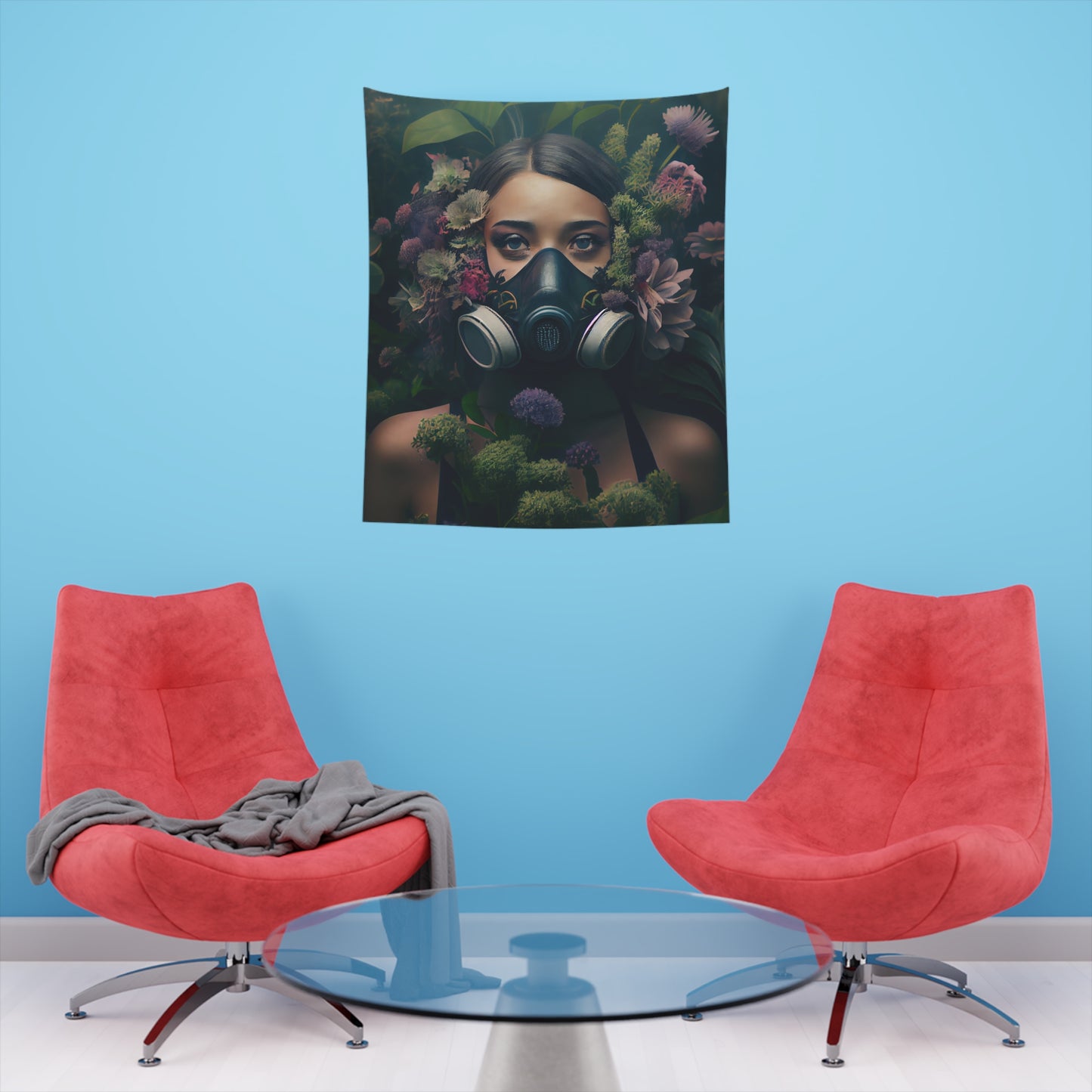 a beautiful woman wearing a gas mask filled with plants and flowers and moss - Printed Wall Tapestry