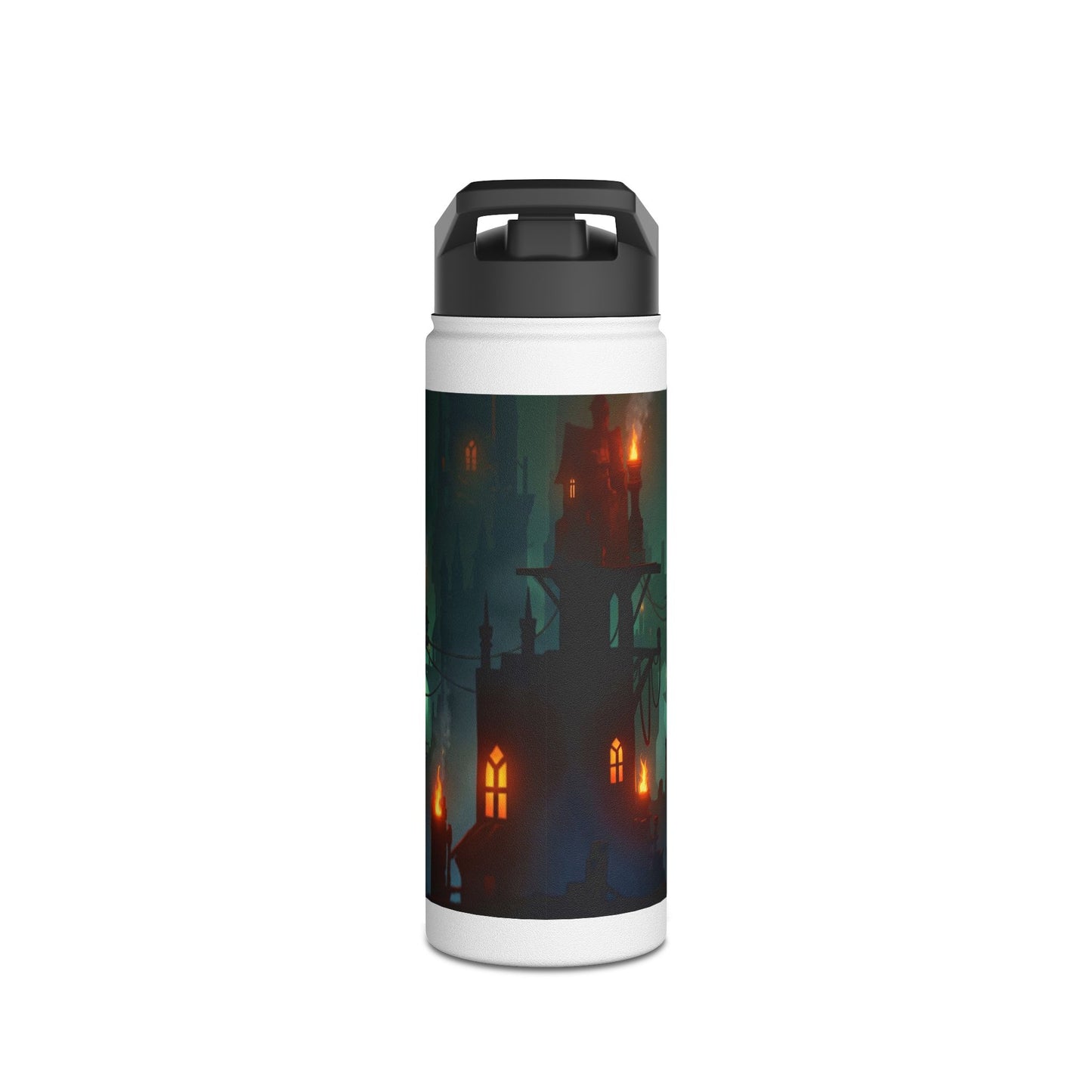 Floating City at Dusk Stainless Steel Water Bottle – Warm Lights Among the Mist