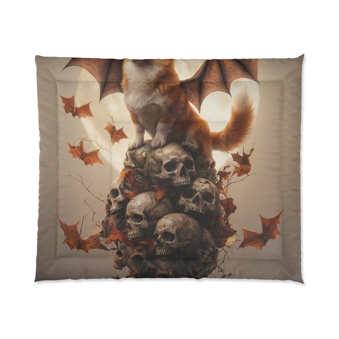 Winged Corgi on Skull Throne Comforter – Autumn Moonlit Guardian