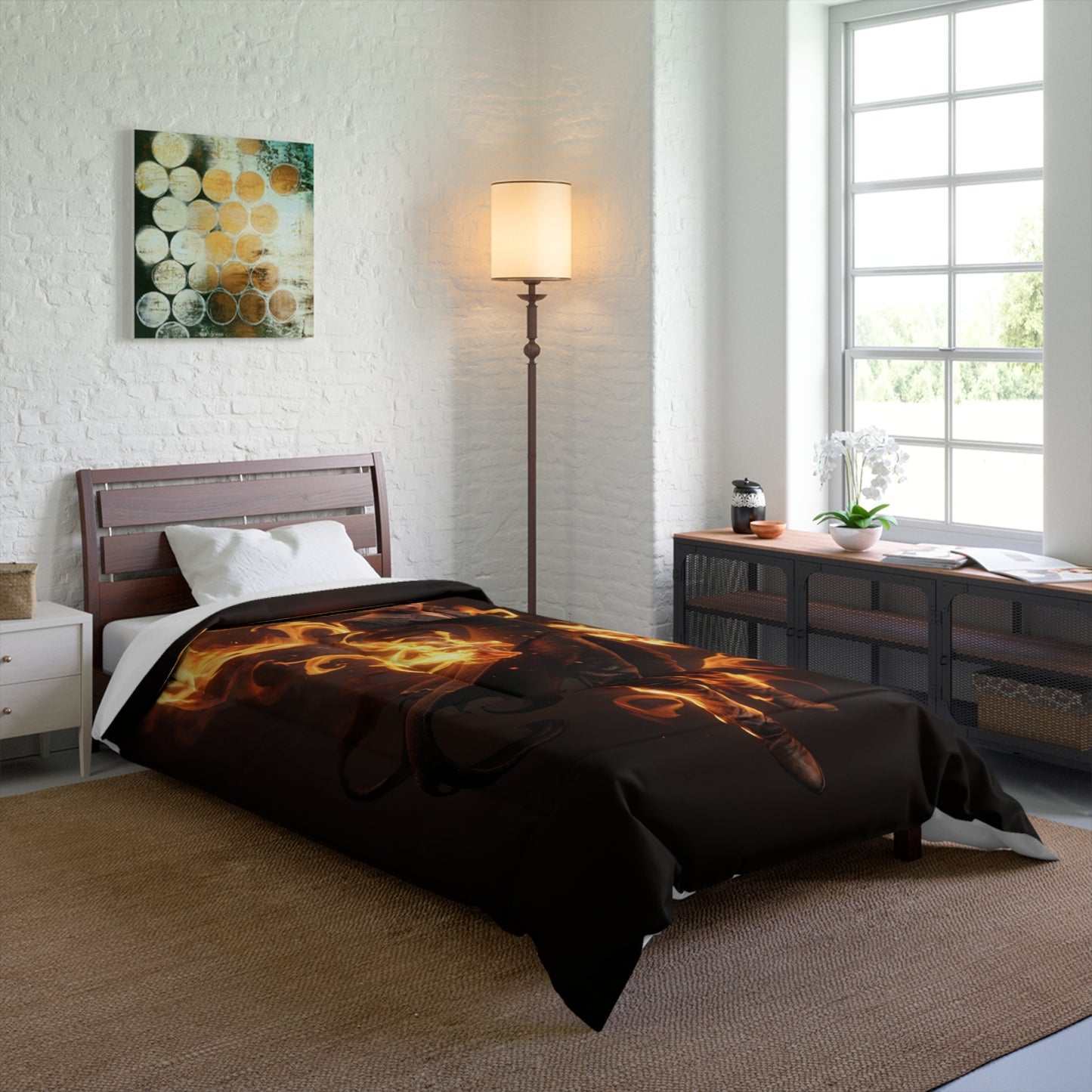 Flame-Wreathed Sentinel Comforter – Crimson Ember Guardian Dreamscape