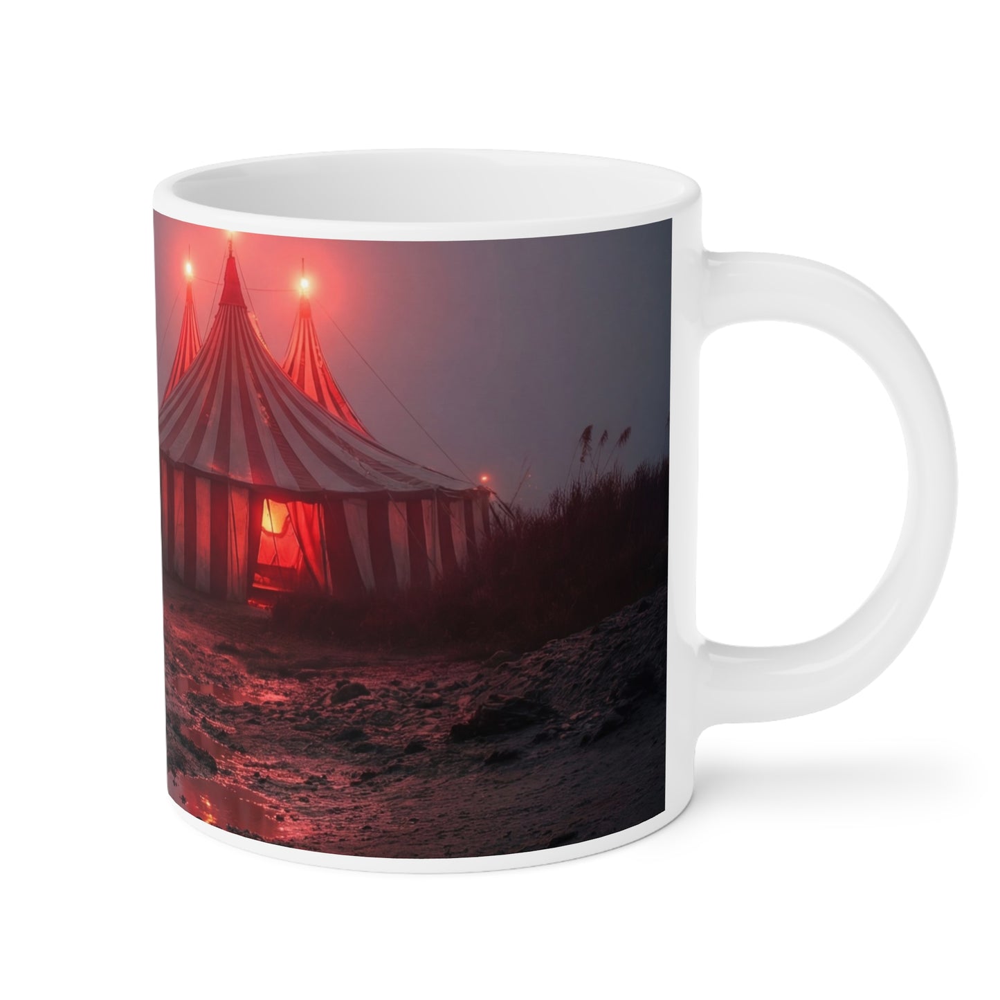 Crimson Circus Tent Ceramic Mugs (11oz\15oz\20oz) – Fogbound Wonder at Dusk