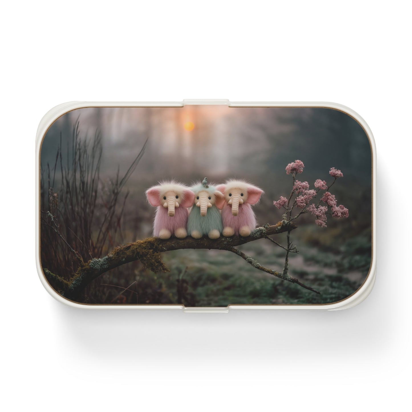 Three Furry Elephant Friends Bento Lunch Box – Mossy Branch Sunset Companions