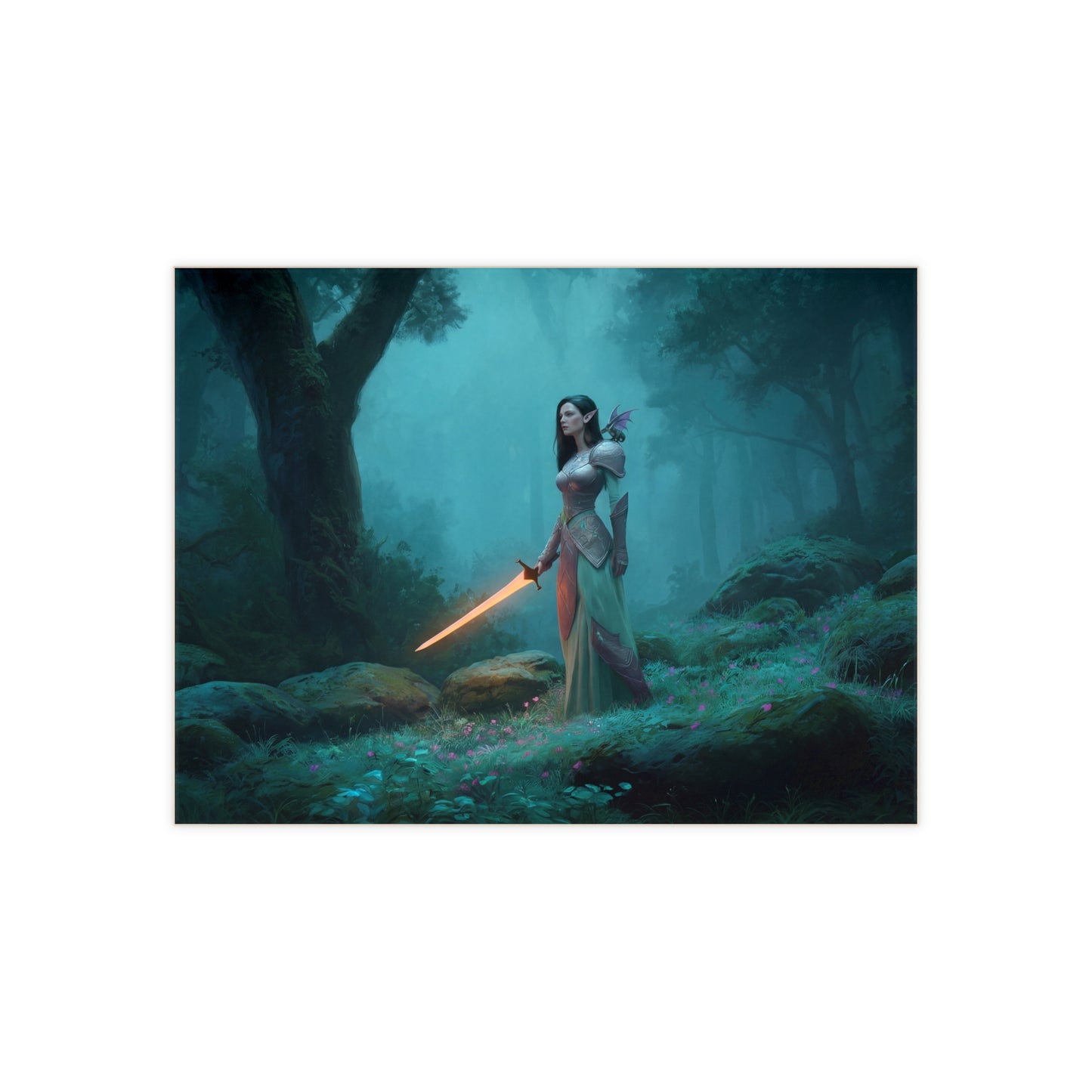 Elven Warrior with Glowing Sword Ceramic Photo Tile – Twilight Guardian of the Misty Grove