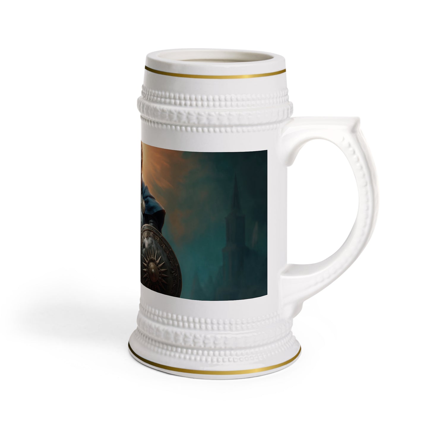 Dawn's Sentinel Stein Mug – Armor and Radiance in Shadowed Towers