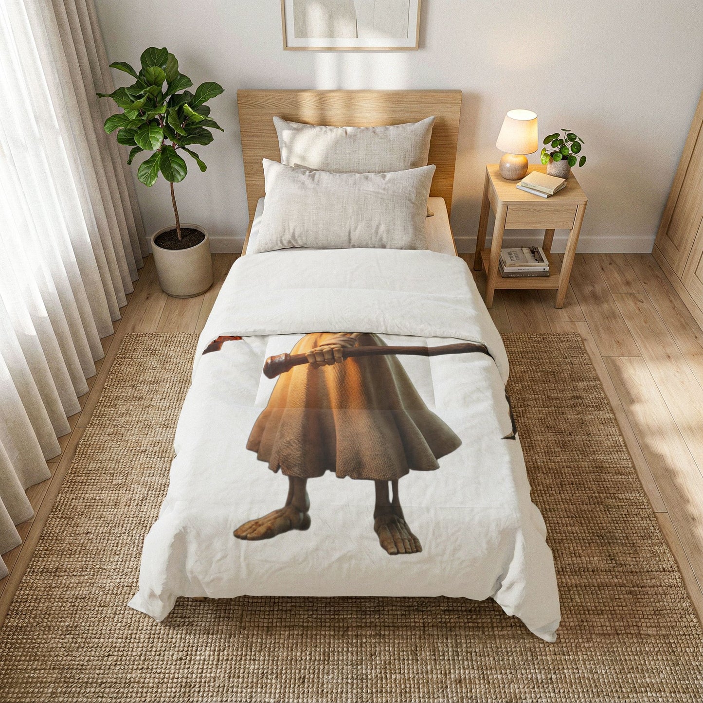Lantern Bearer Cotton Comforter – Hooded Sentinel with Glowing Skull Eyes