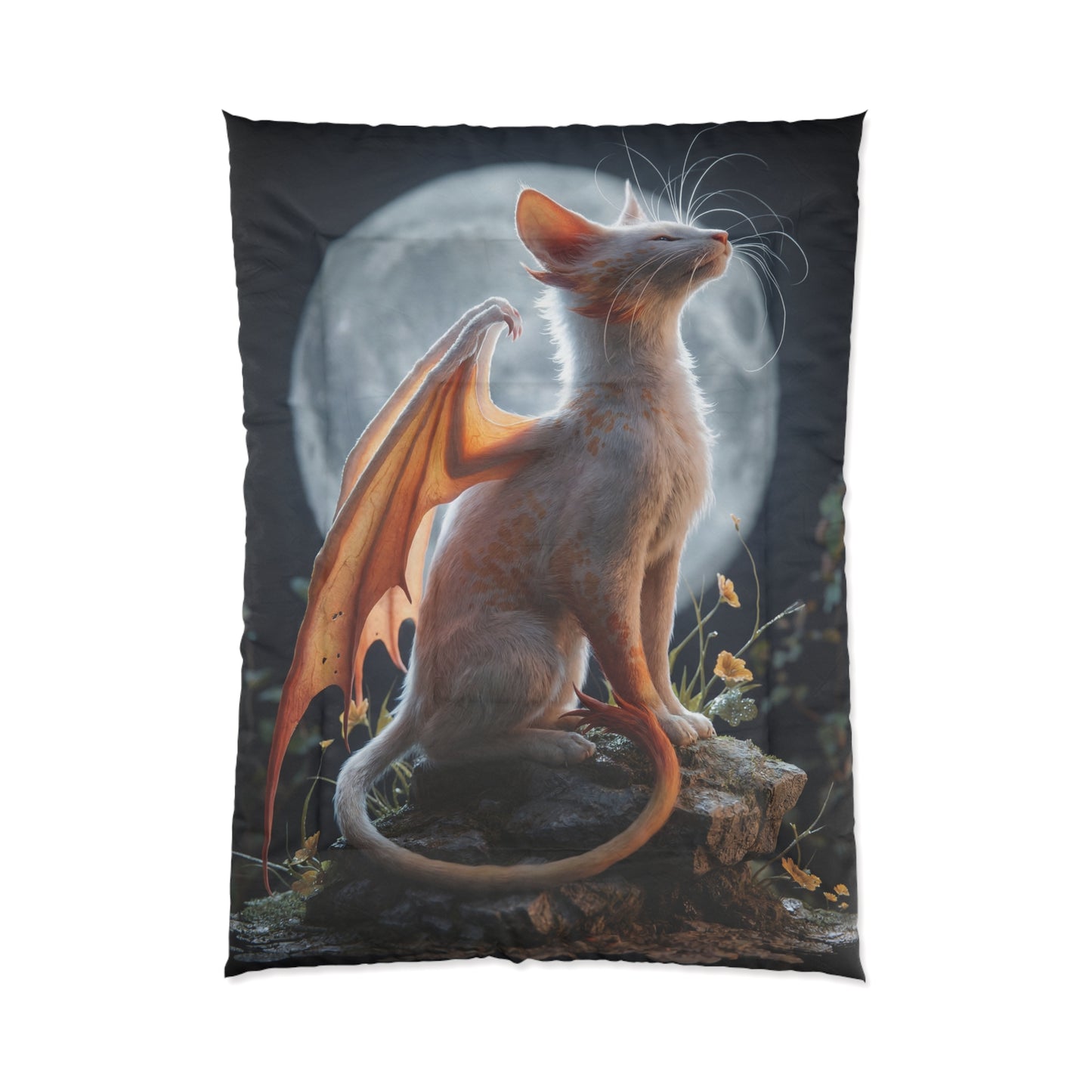 Moonlit Dragon Cat Comforter – Whispering Wings Under the Full Moon