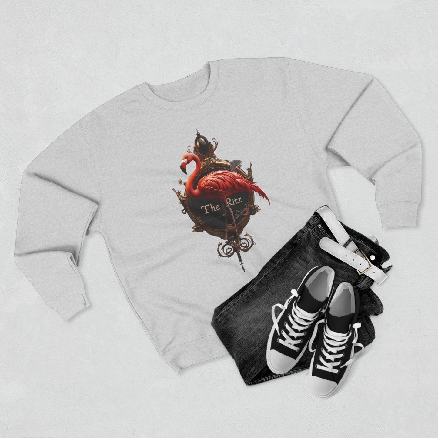 The Ritz Flamingo Unisex Crewneck Sweatshirt – Regal Pink Crest and Ornate Frame