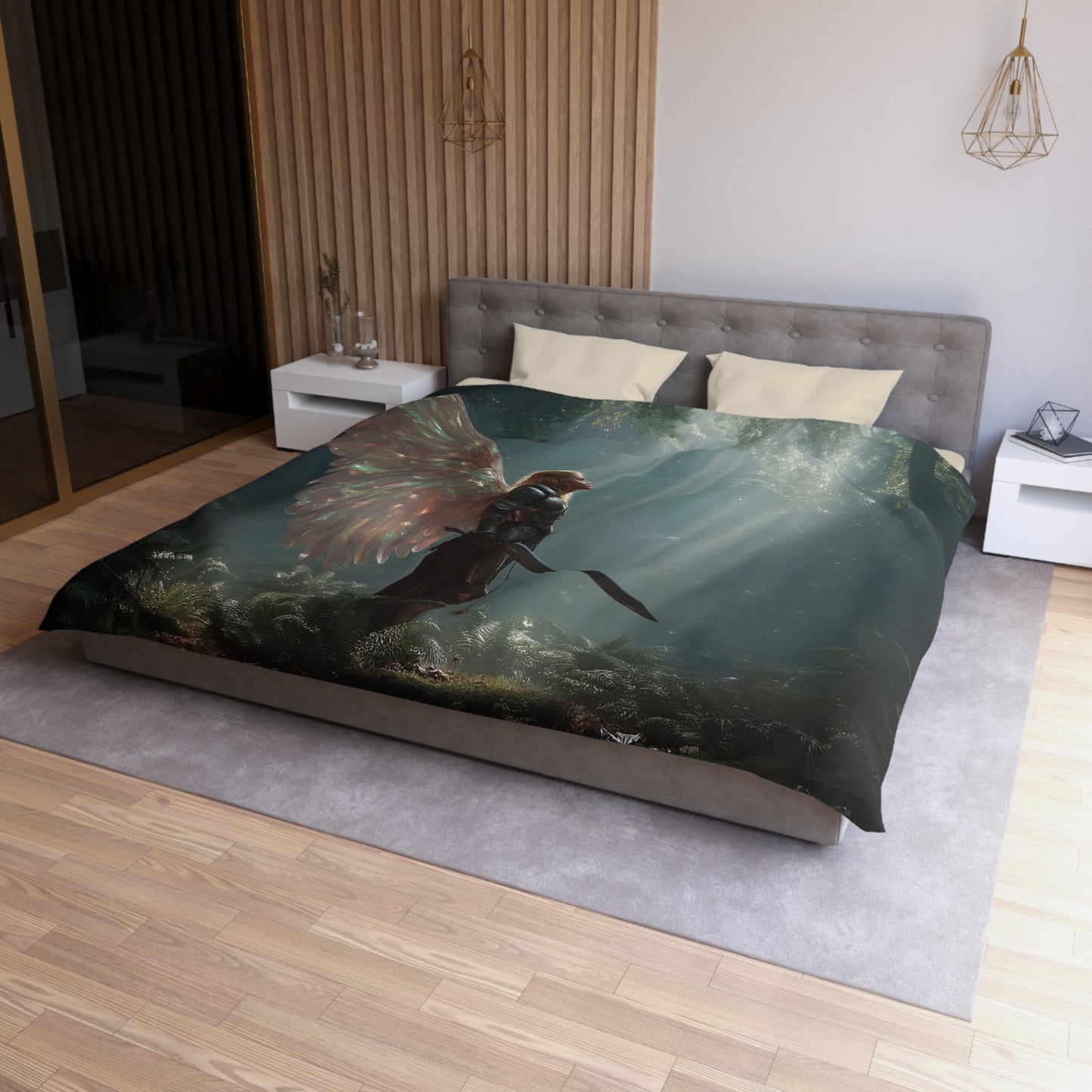 Winged Sentinel Microfiber Duvet Cover – Sunbeam Sanctuary in the Ancient Grove