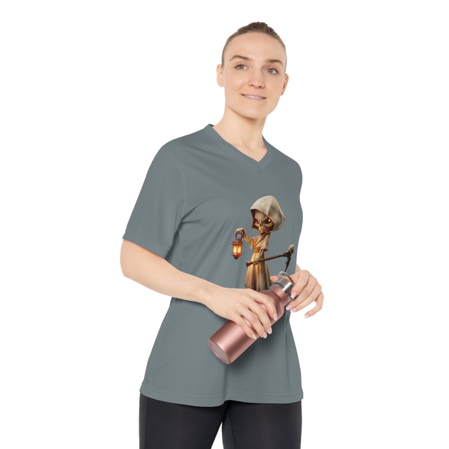 Lantern Guardian Women's Performance V-Neck T-Shirt – Bone Sentinel with Gilded Flame