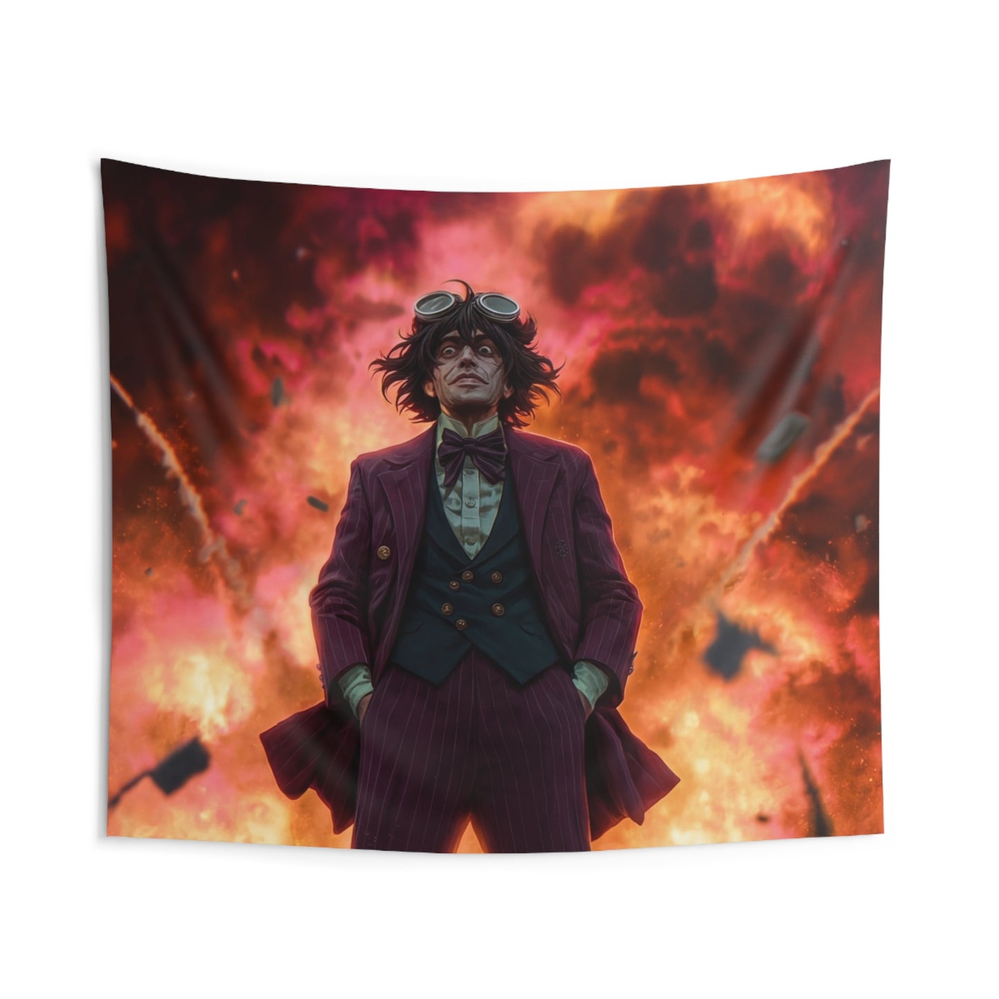 Goggles-Wearer Amidst Crimson Explosion Indoor Wall Tapestries – Calm in the Chaos