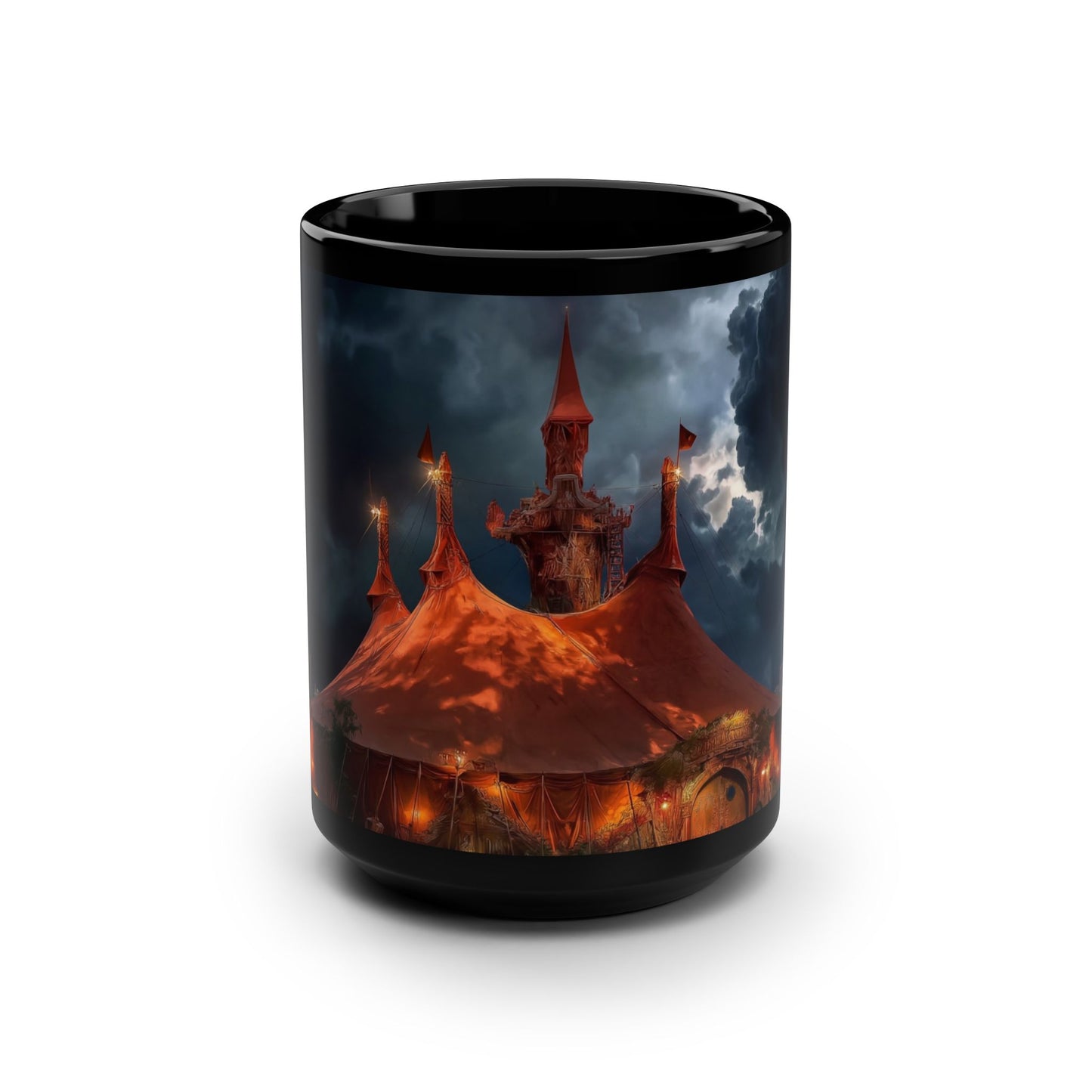 Storm Circus Tent Black Mug, 15oz – Gothic Carnival Under Thunder