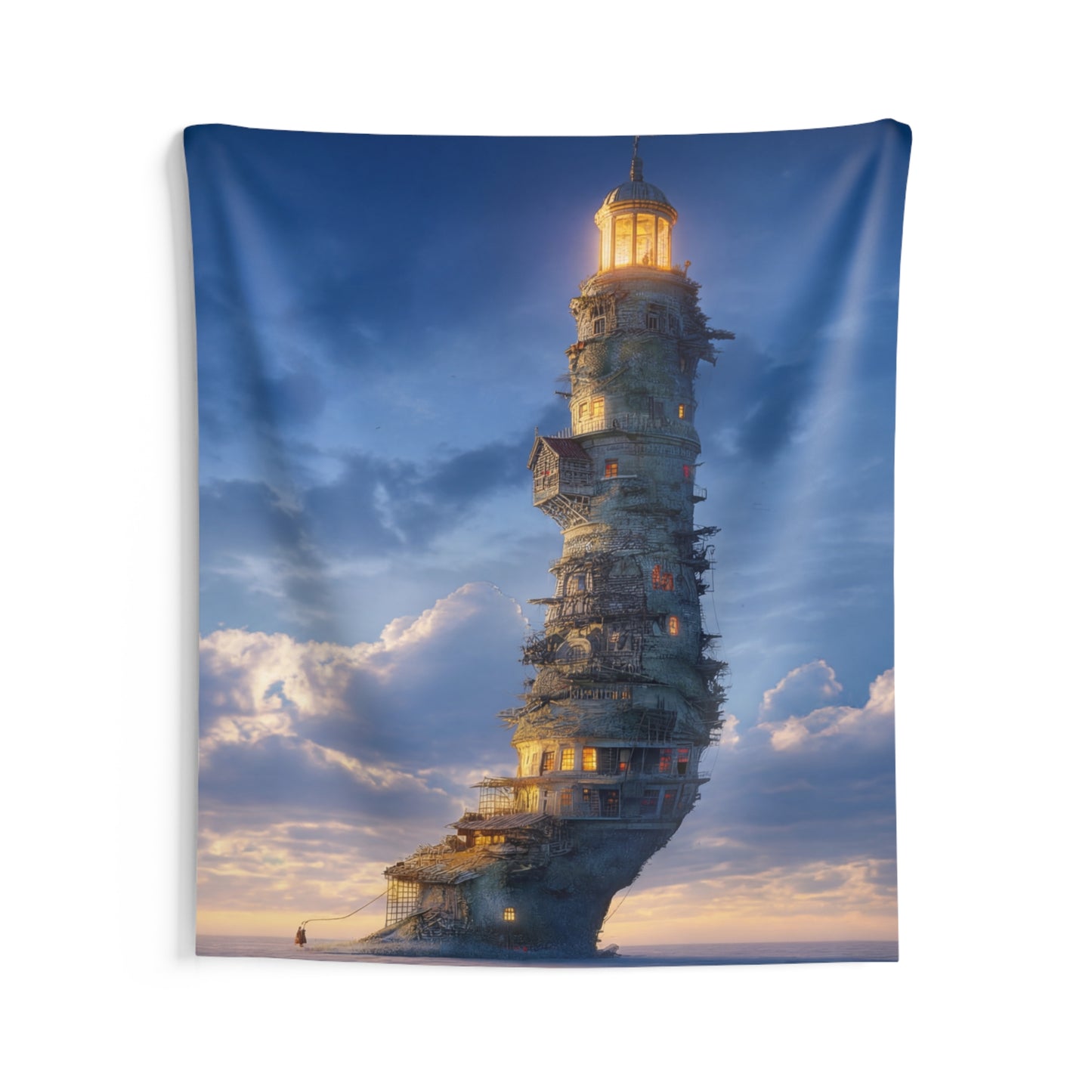 Skyborne Lighthouse Indoor Wall Tapestries – Aetherial Beacon at Dusk