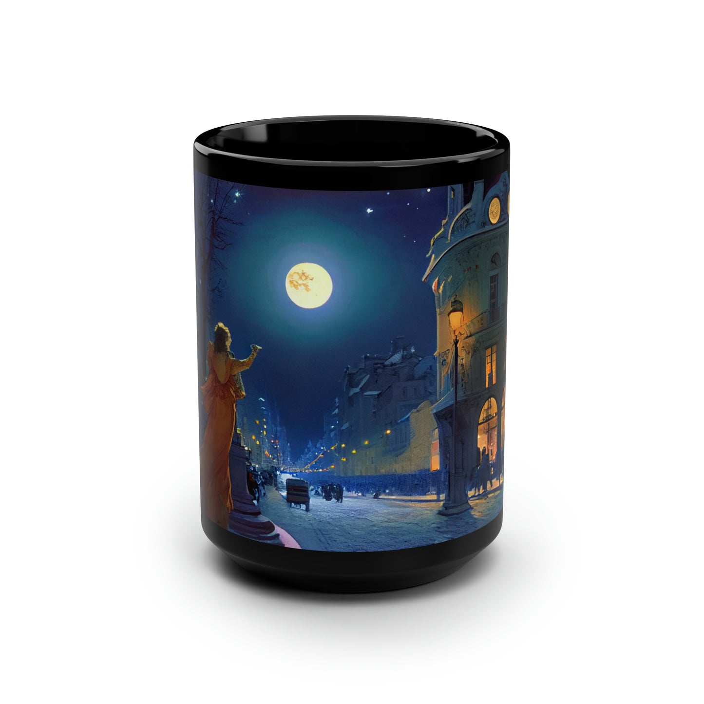 streets of paris at night, winter, glowing lights, moon and stars, dramatic lighting, epic composition, wide angle, by alphonse mucha, maxfield parrish -  black mug, 15oz