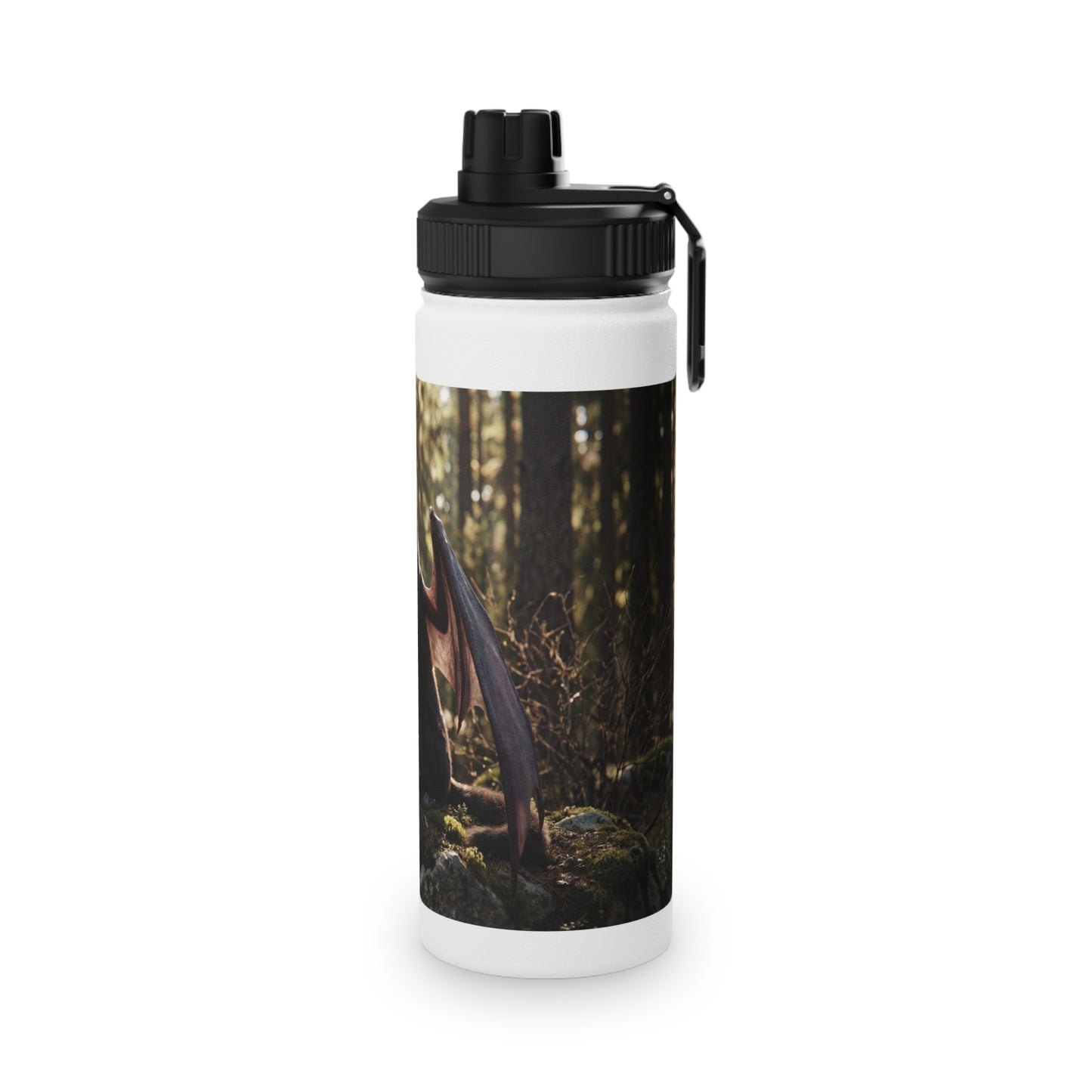 Dragon Wolf in the Sunlit Woods Stainless Steel Water Bottle, Sports Lid – Guardian of the Mossy Glade