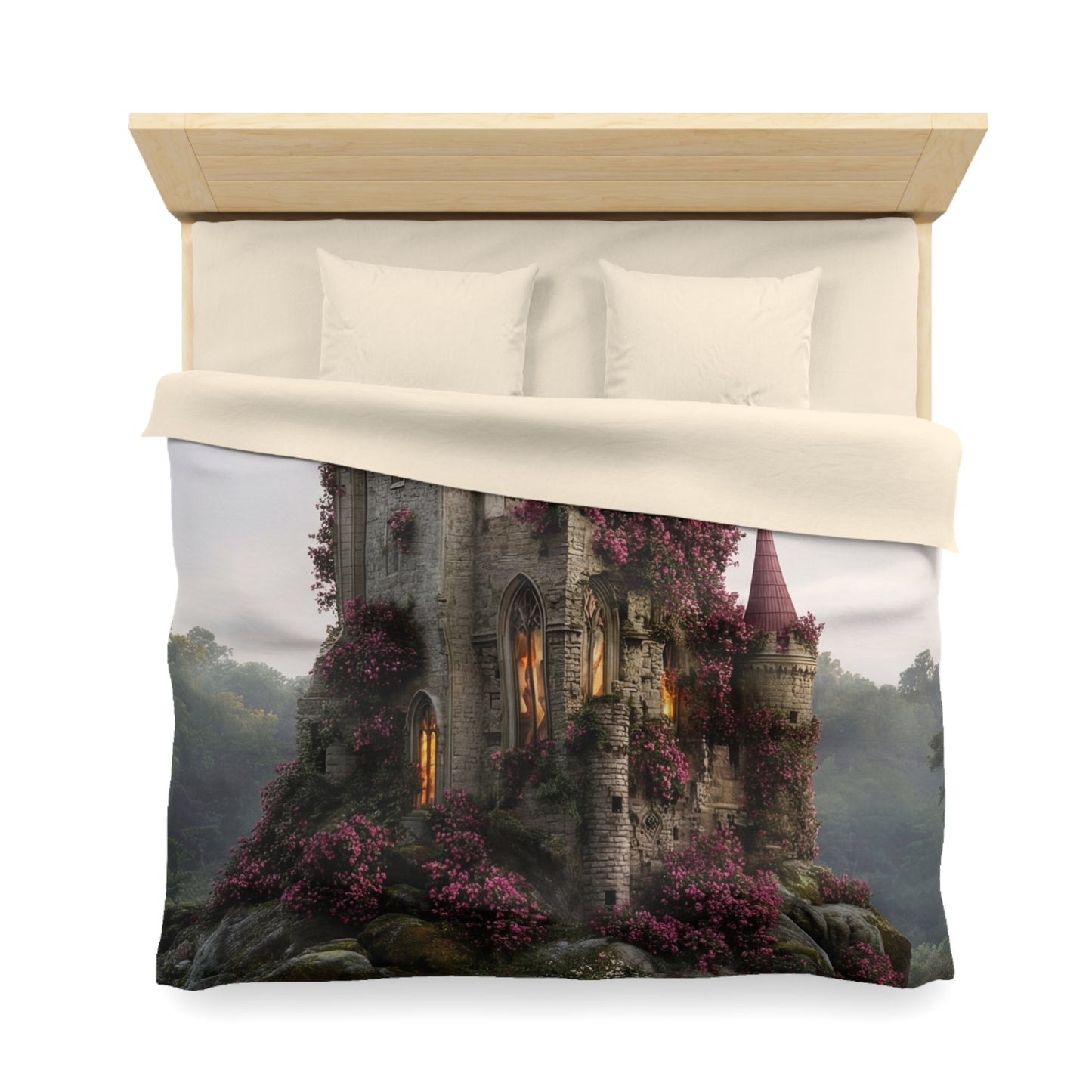 Rose-Covered Castle Microfiber Duvet Cover – Whispers of the Misty Vale