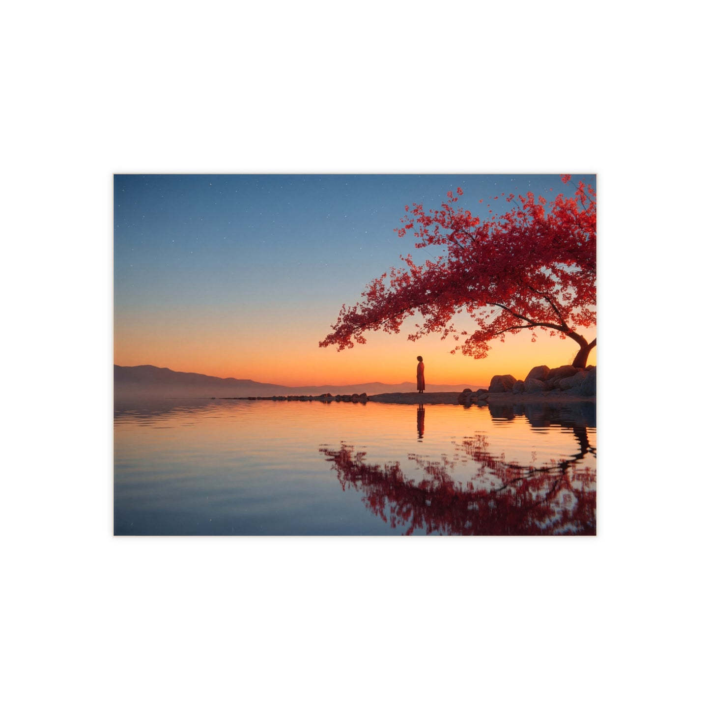 Cherry Blossom Sentinel Ceramic Photo Tile – Twilight Reflections by the Lake