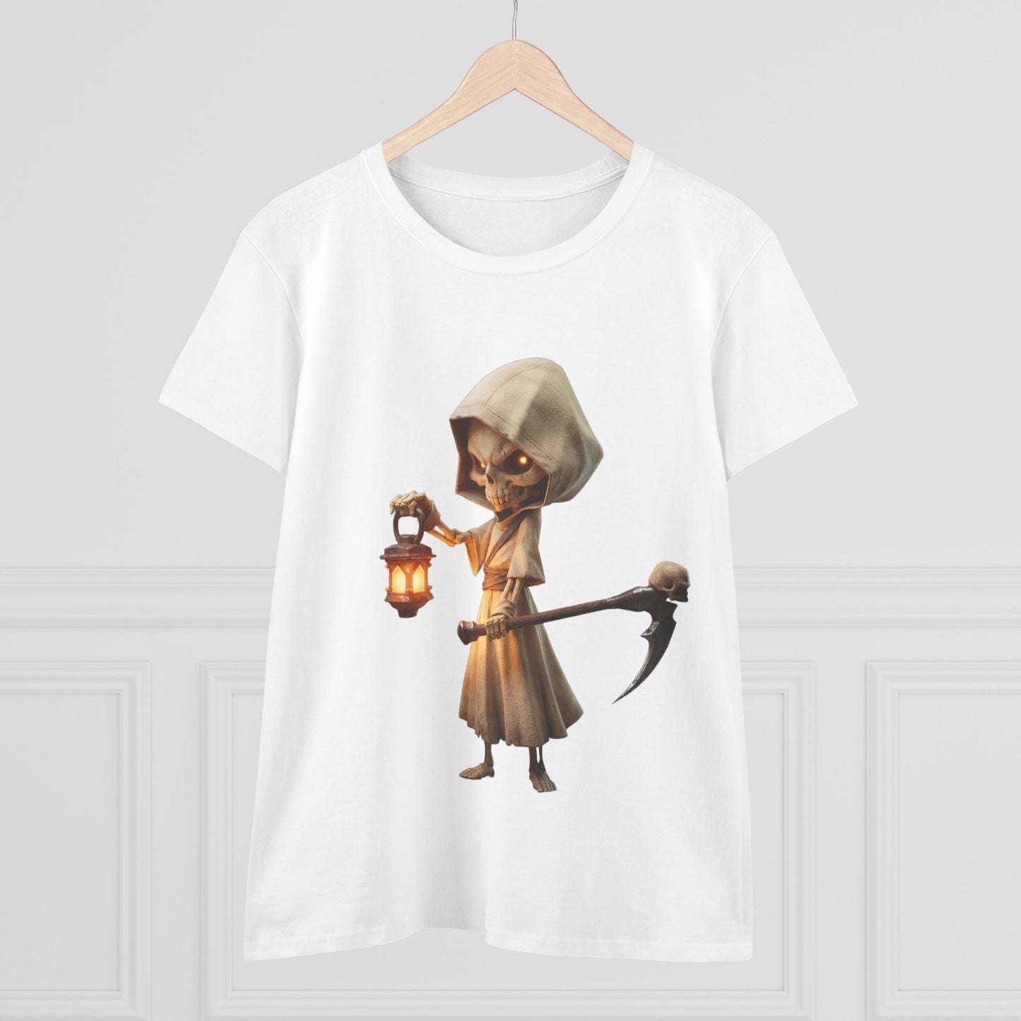Lantern-Bearing Guardian Women's Midweight Cotton Tee – Hollowed Bone Sentinel