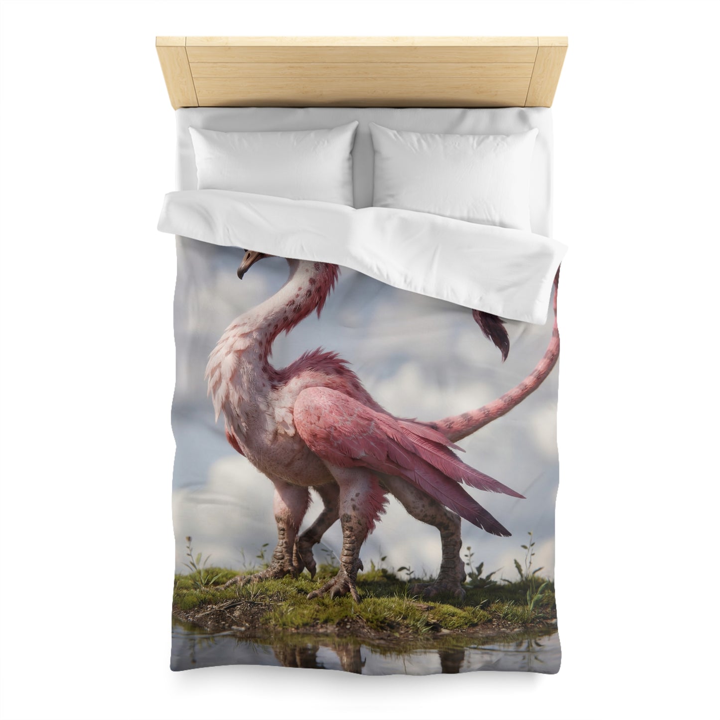Pink Dawn Sentinel Duvet Cover – Soft Feathers on a Misty Shore