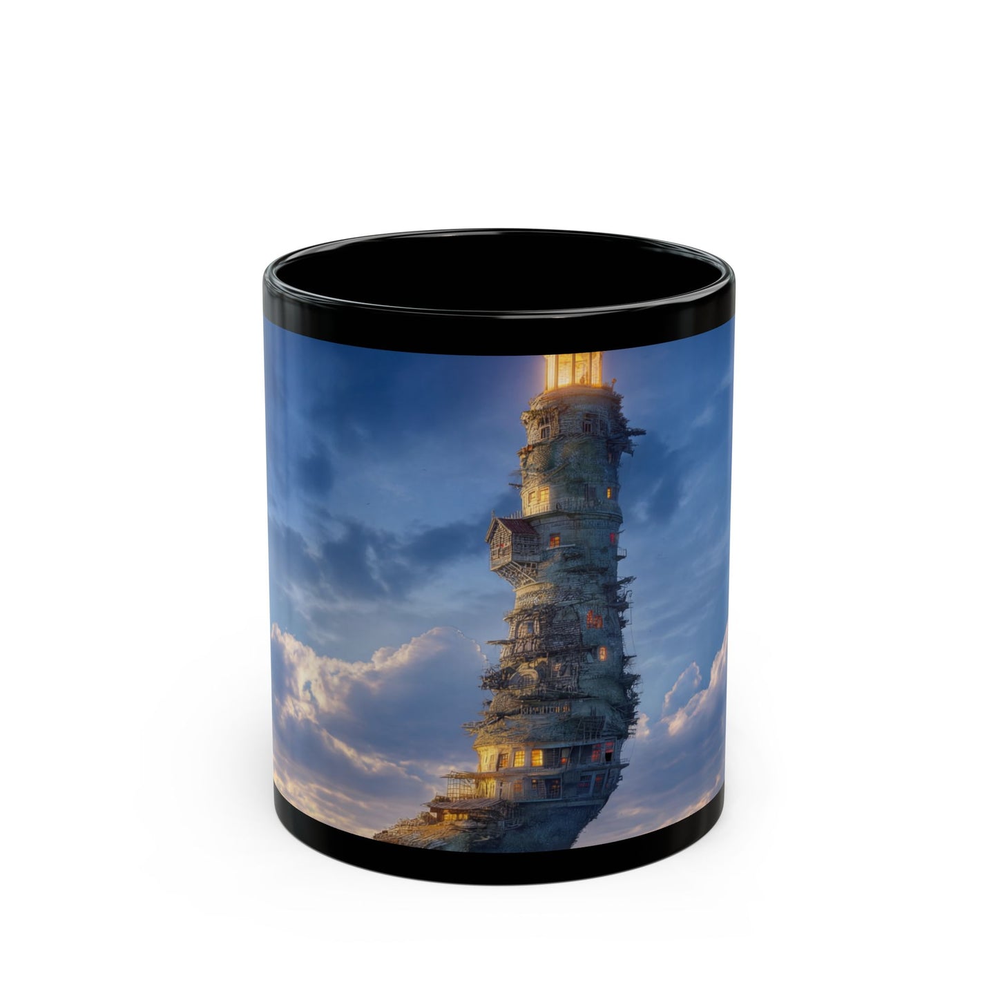 Skyborne Lighthouse Black Mug – Twilight Beacon Over Endless Sea