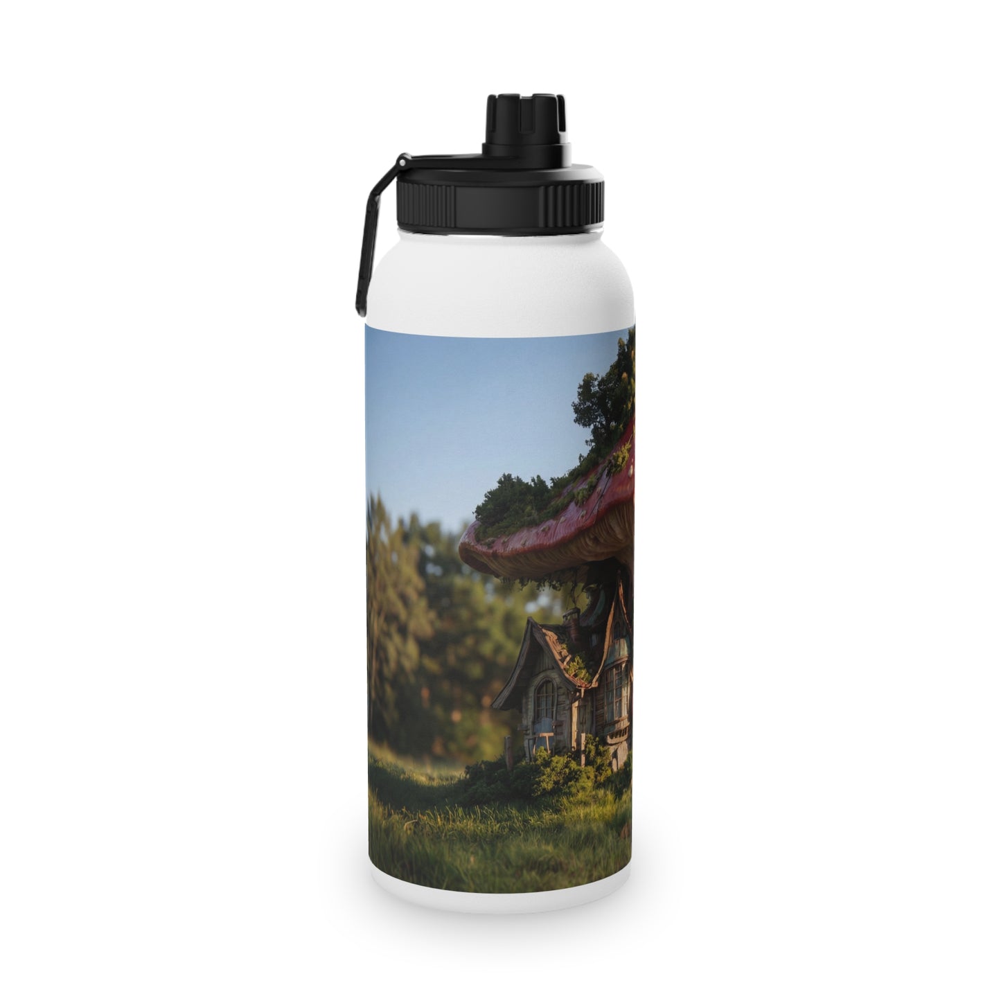 Mushroom Cottage Water Bottle – Red Cap Forest Dwelling with Gnarled Roots