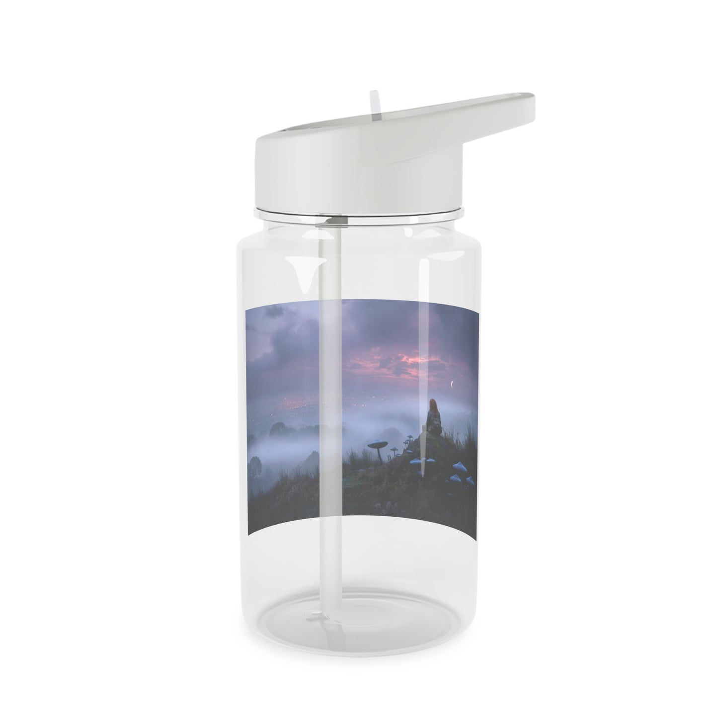 Twilight Hilltop Tritan Water Bottle – Mossy Rock and Crescent Moon Vignette