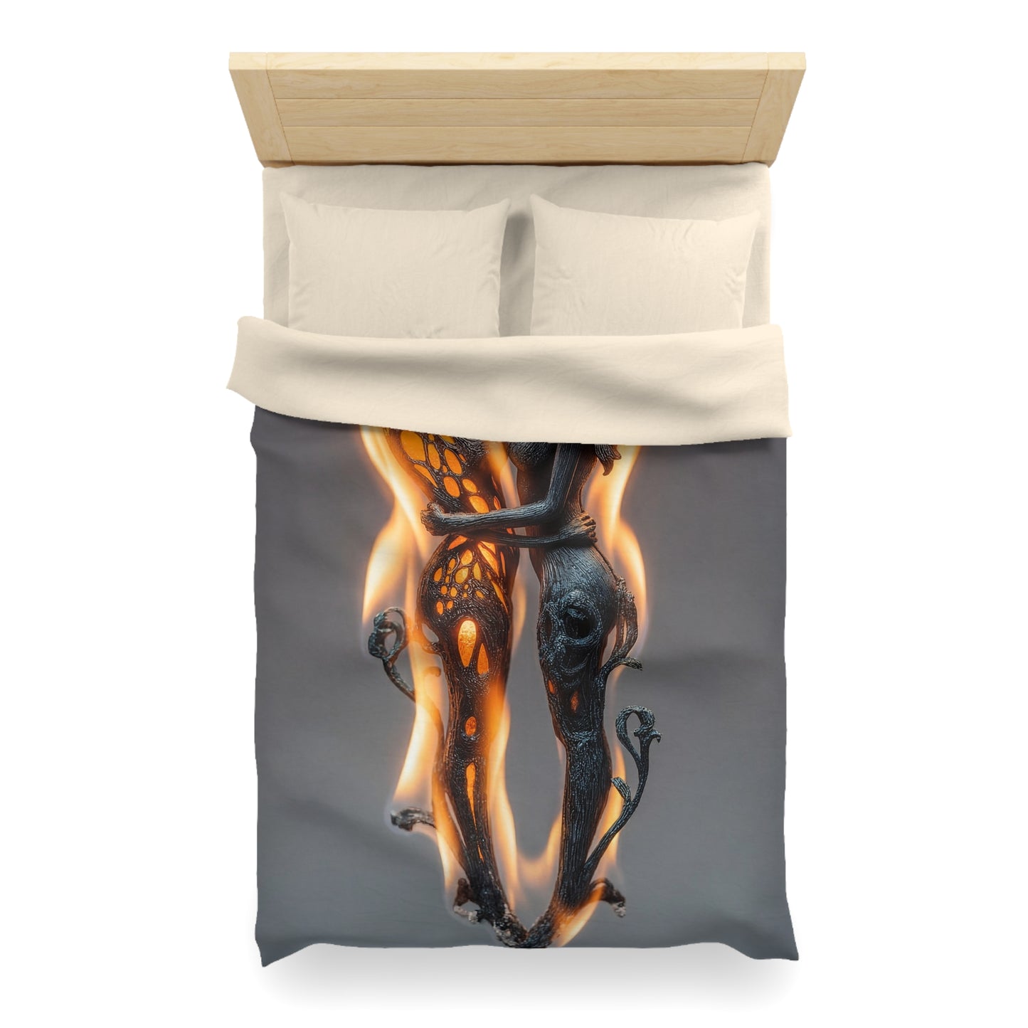 Flame-Embraced Lovers Microfiber Duvet Cover – Intertwined in Gilded Fire