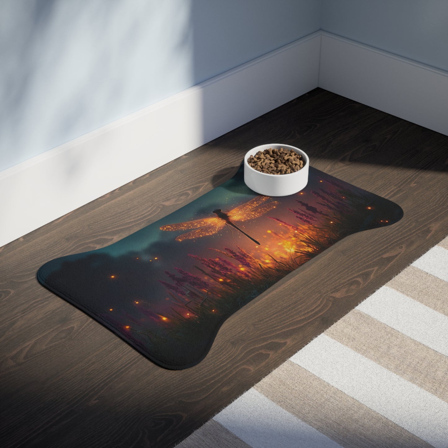 Glowing Dragonfly Pet Feeding Mats – Twilight Meadow Dreamscape
