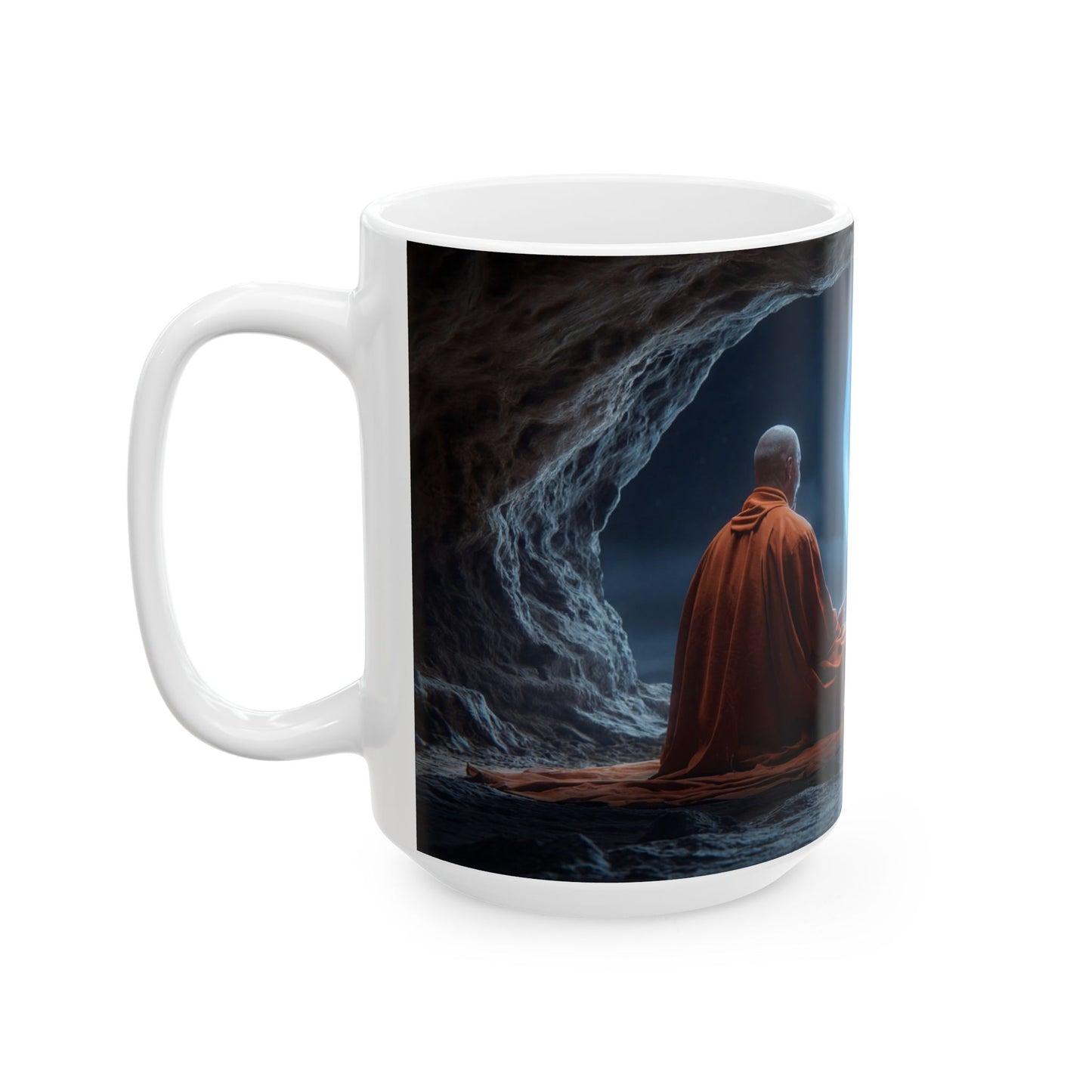 Moonlit Monk Meditation Mug – Tranquil Cave Reflections