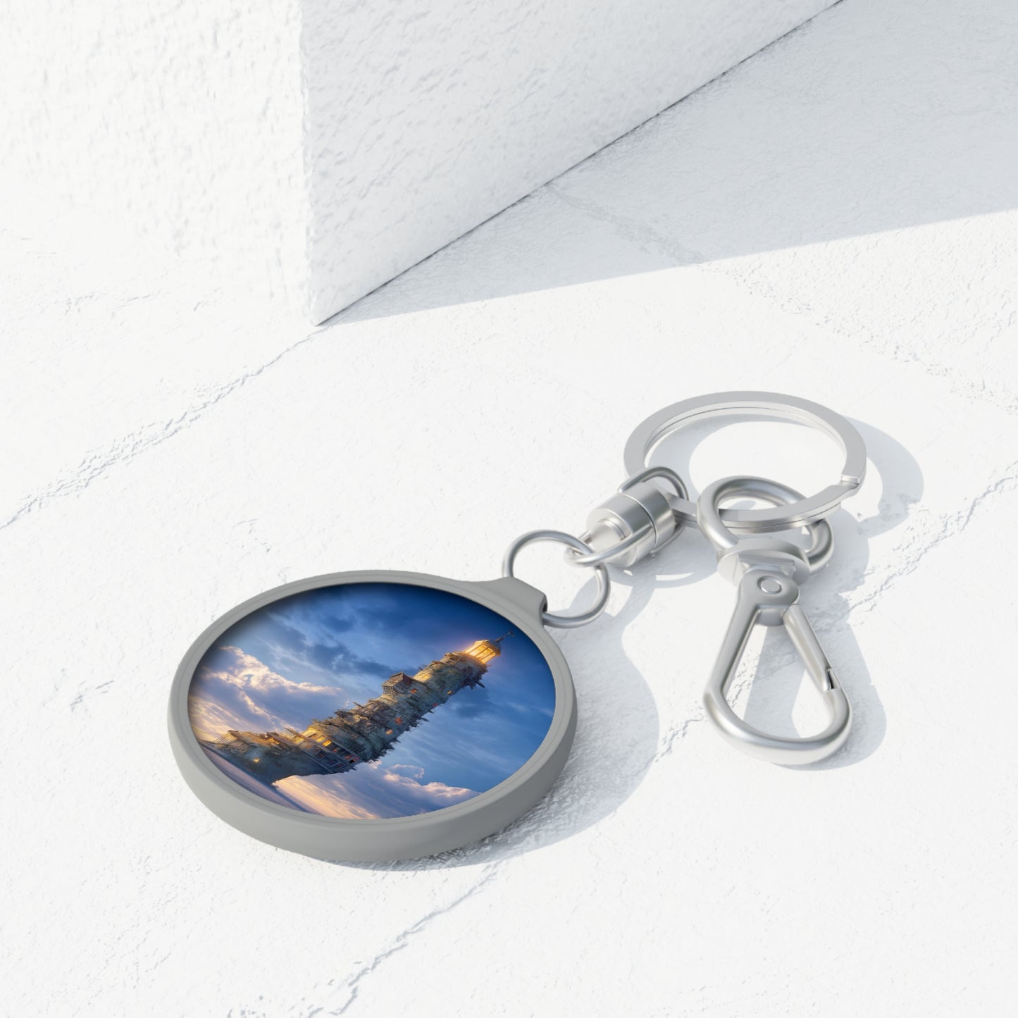 Skyborne Lighthouse Keyring Tag – Twilight Beacon Over the Azure Sea