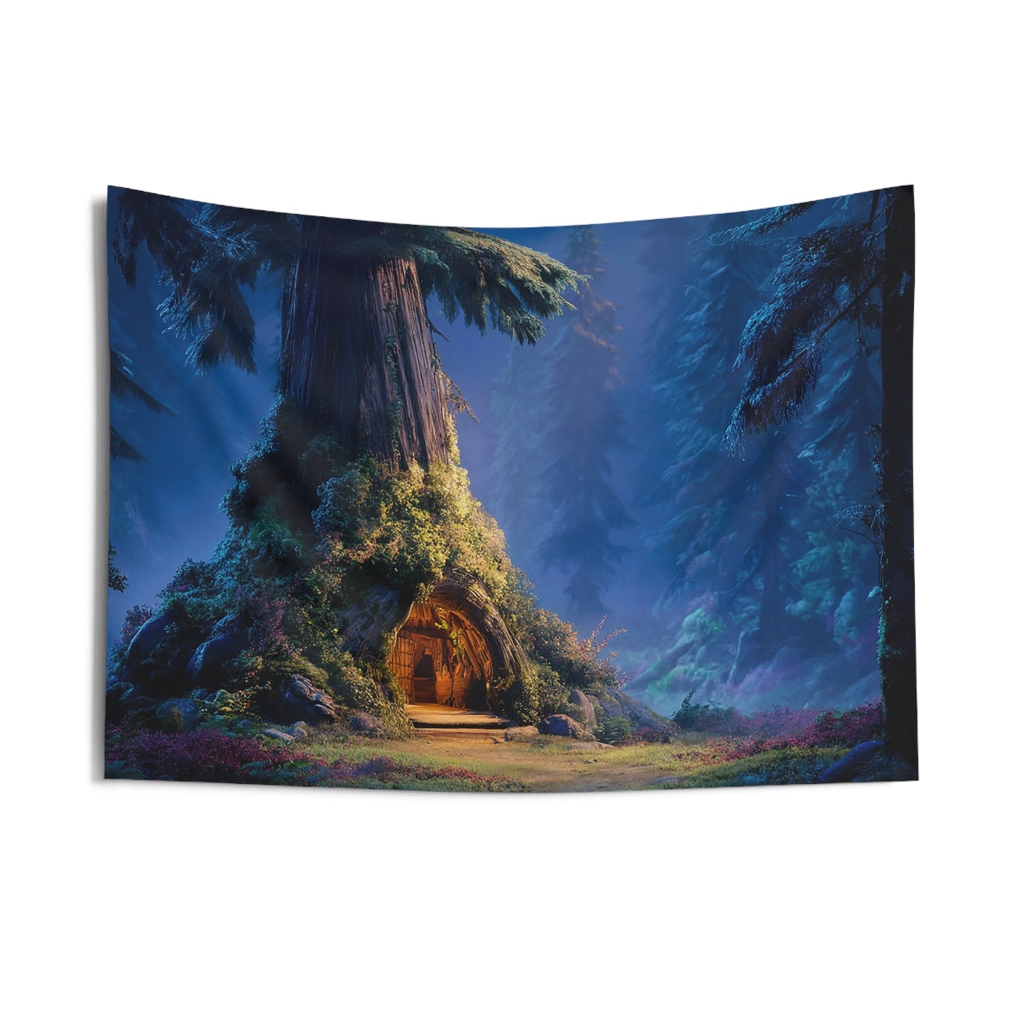 Whispering Grove Treehouse Tapestry – Moonlit Haven in the Ancient Forest