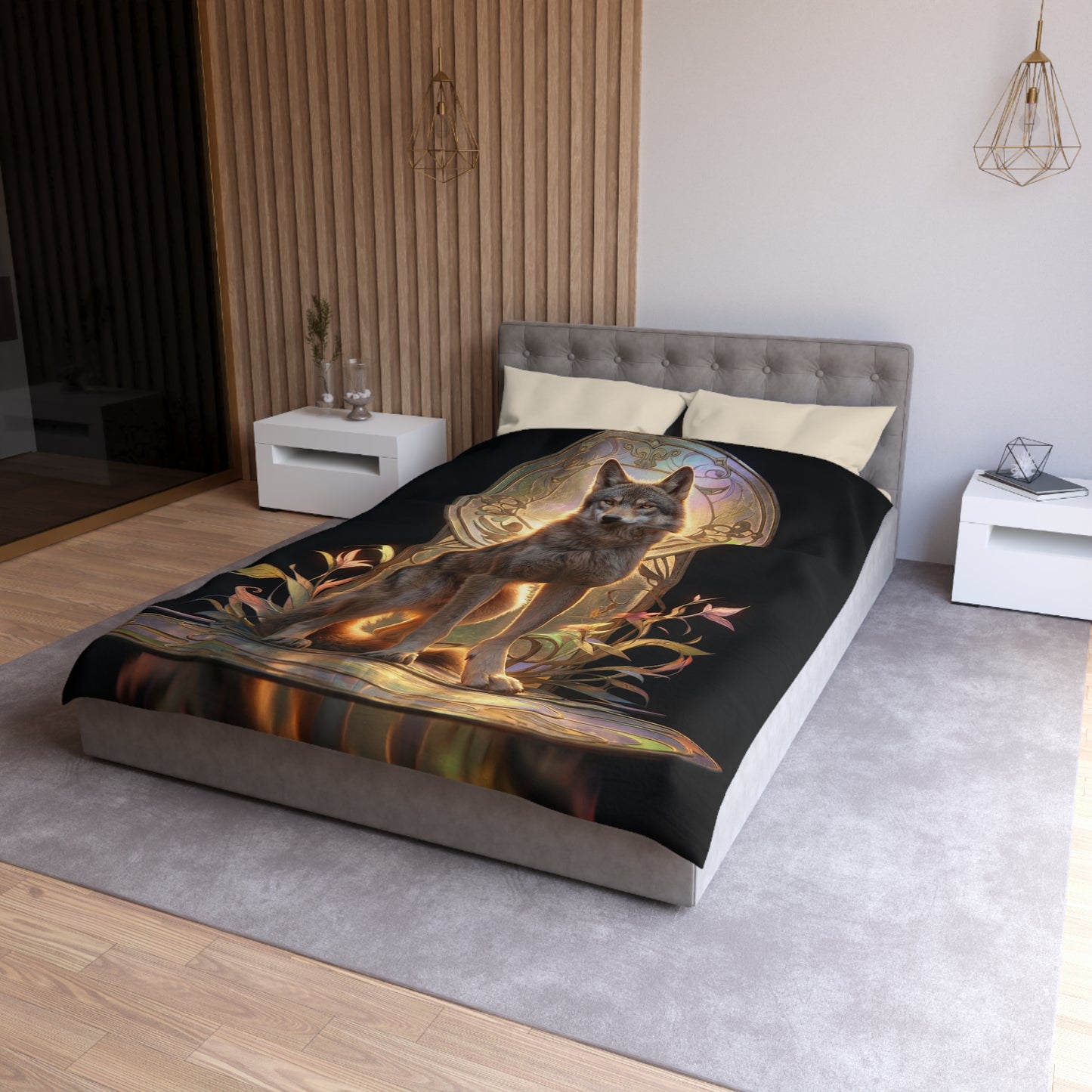 Regal Wolf Throne Microfiber Duvet Cover – Golden Light Through Art Nouveau Arch