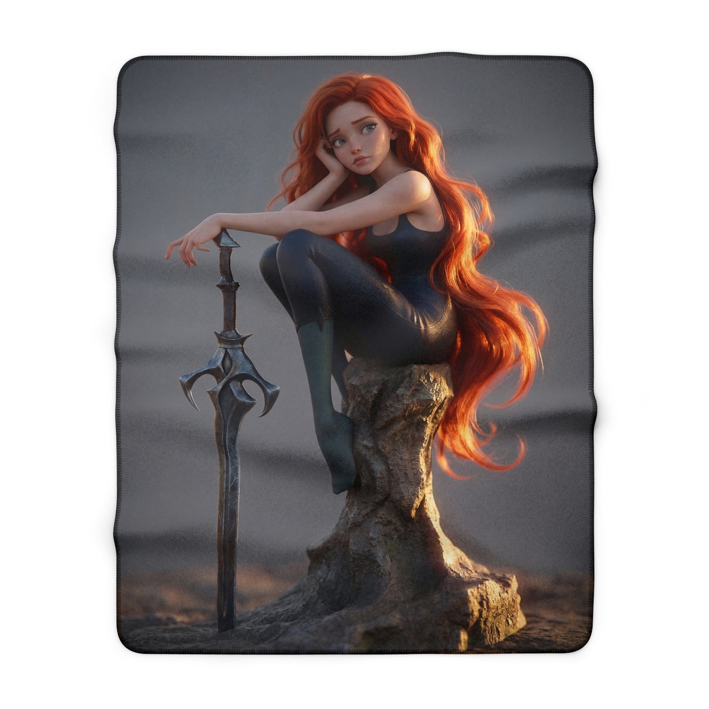 Red-Haired Sentinel Sherpa Fleece Blanket – Sunset Vigil on the Stone
