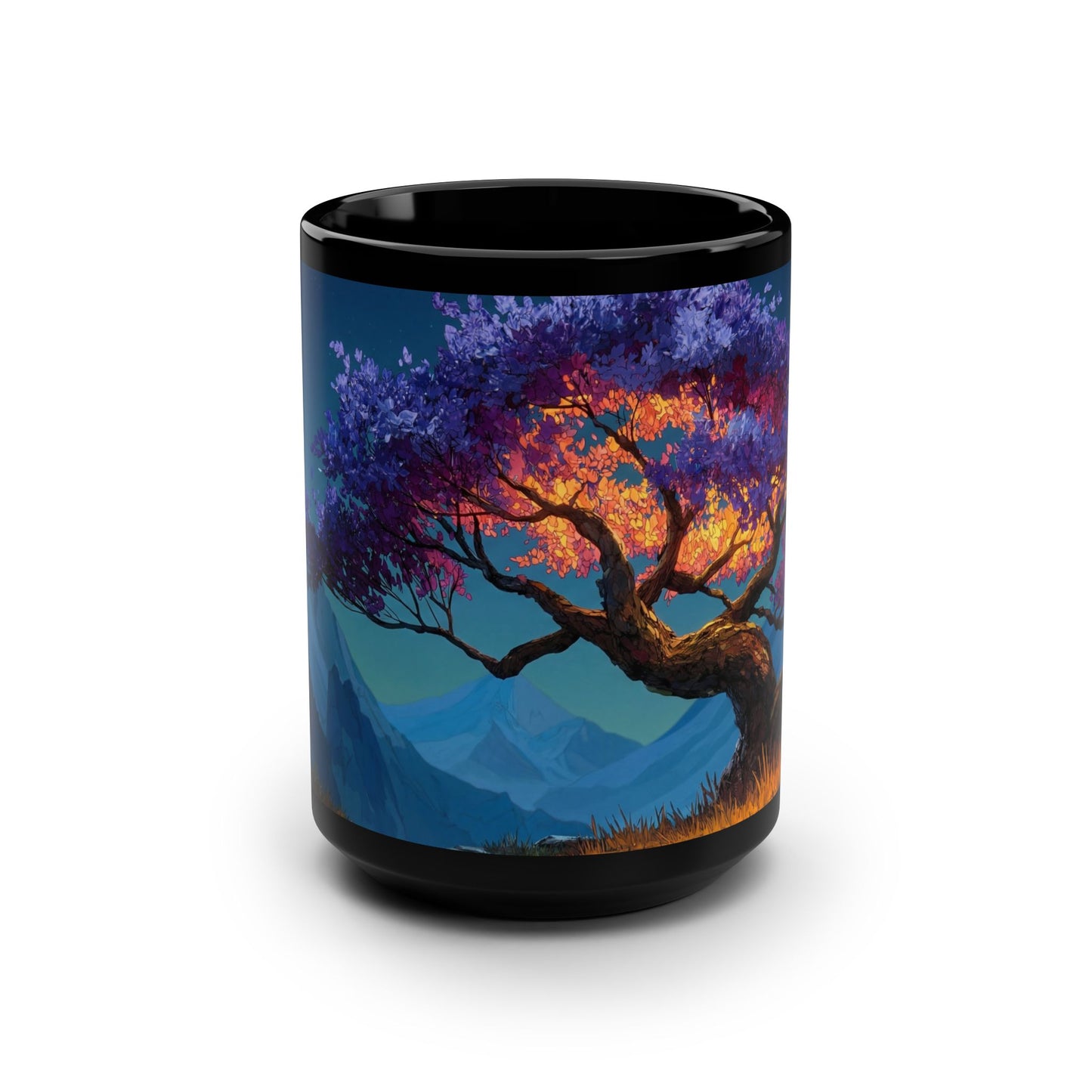 Twilight Bloom Black Mug, 15oz – Violet Canopy and Golden Glow